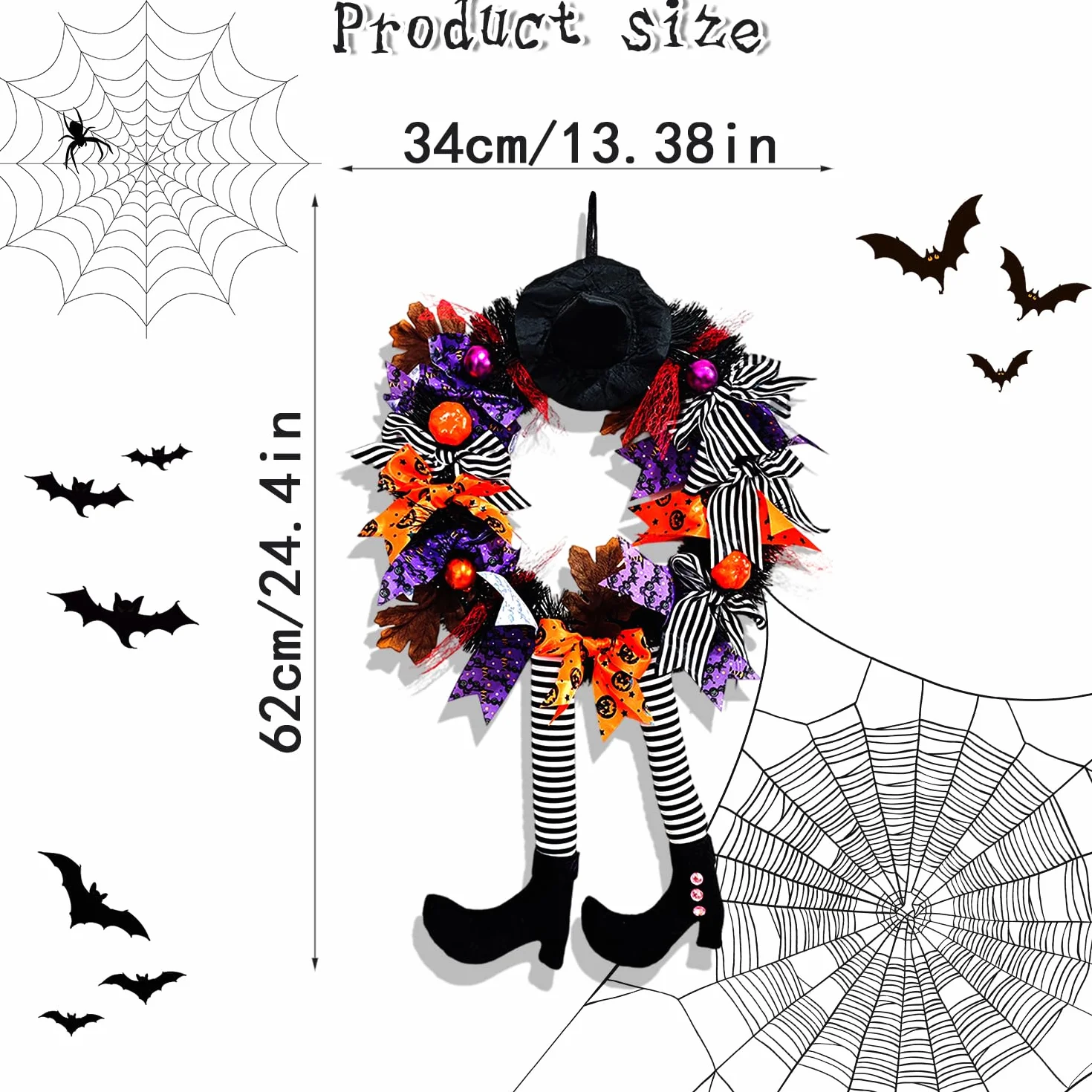 chenyu Dekoracje na drzwi Halloween Wieniec czarownic 62 cm Halloween Dekoracje Kapelusz Czarownicy z dyni Łapy Dyni Wiszące Dekoracje Kominkowe Pokoje