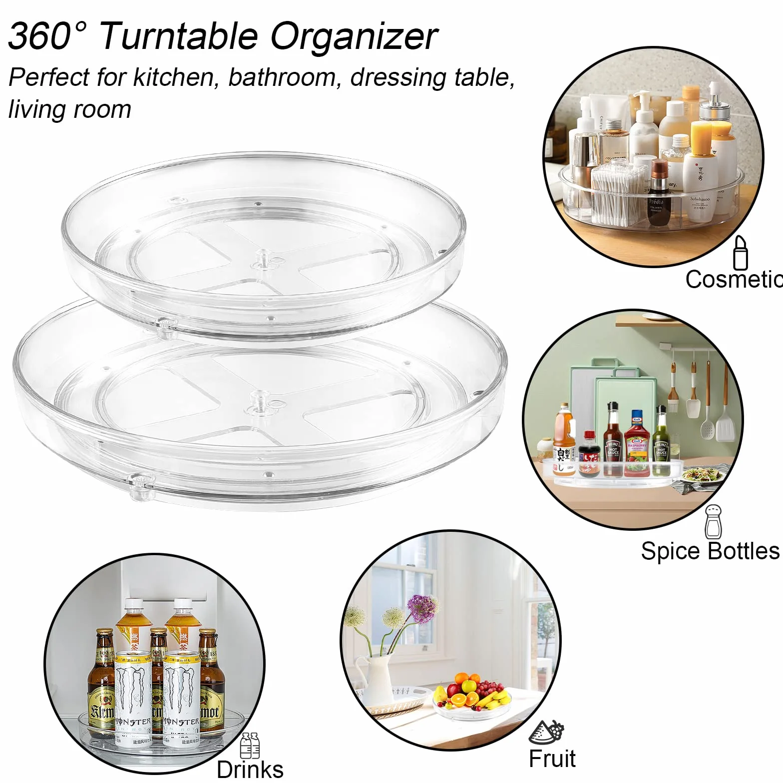 Lazy Susan talerz obrotowy do lodówki, 27 cm + 23,5 cm, talerz obrotowy, uchwyt na przyprawy, obracany o 360°, organizer kuchenny do przechowywania oleju, przypraw, dżemów, zapasów, 2 szt
