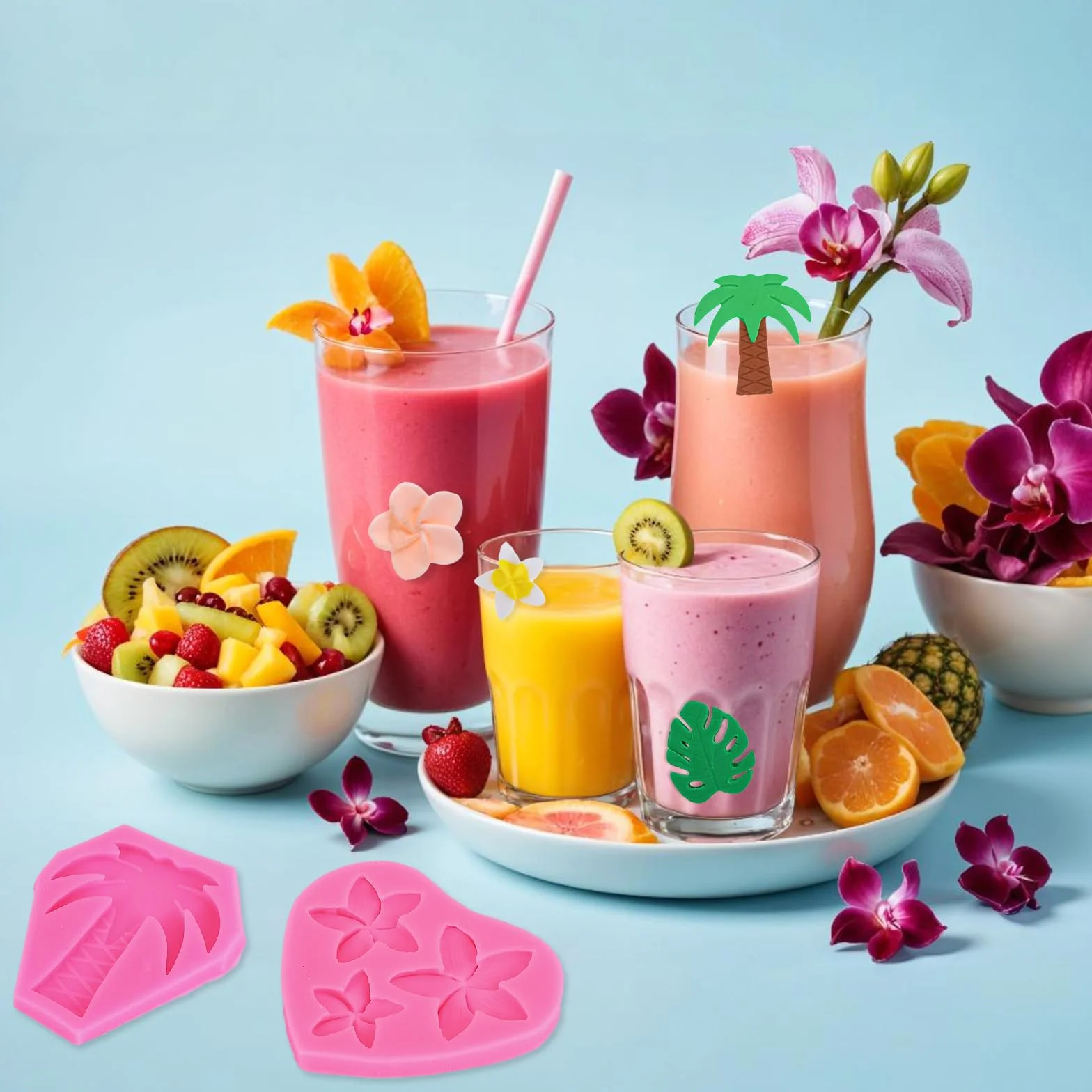 4 sztuki foremek silikonowych, tropikalnych płatków kwiatów, płatków wachlarza, do masy cukrowej, hibiskusa, liści palmy, plumeria, silikonowe, do samodzielnego przygotowania czekolady, słodyczy,