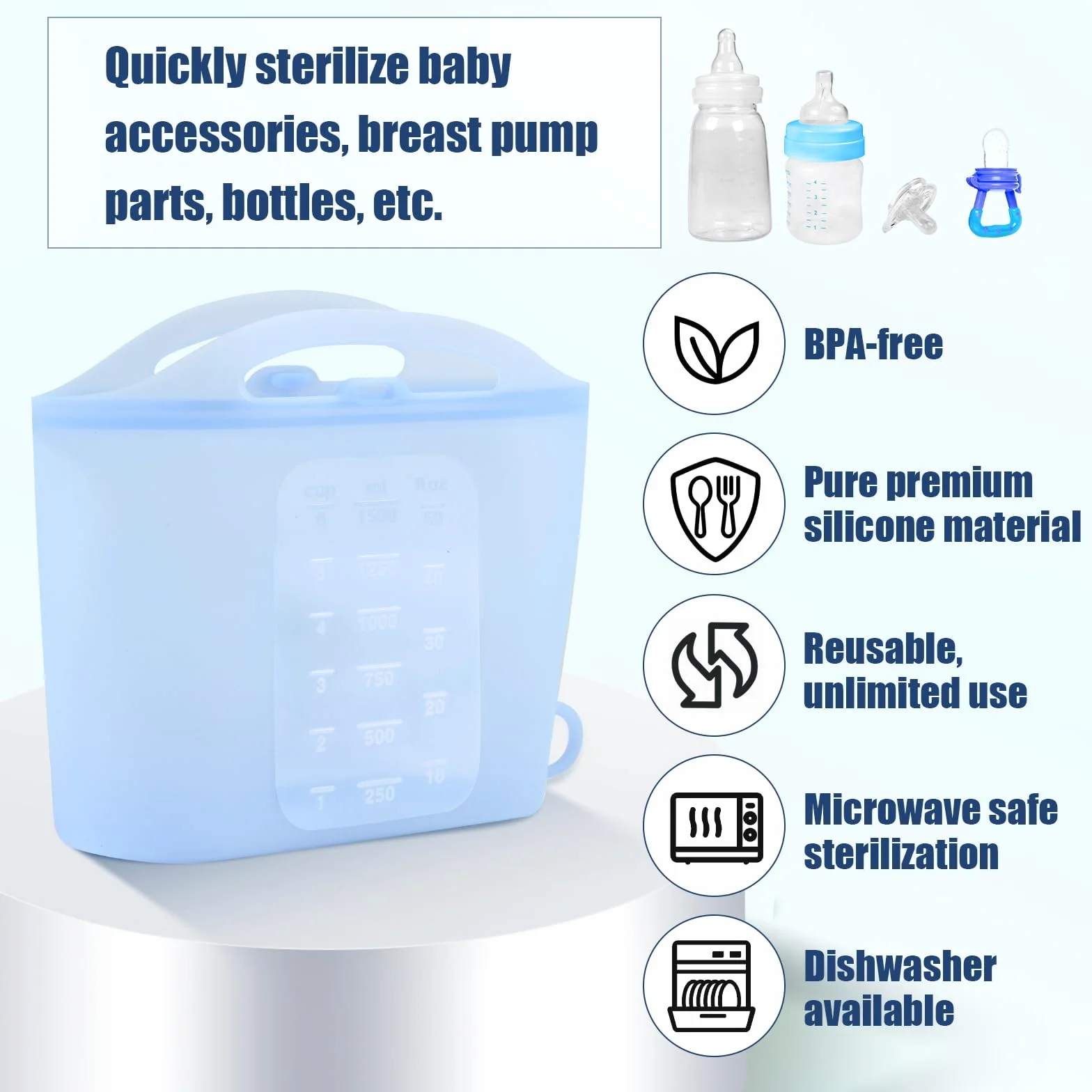 1,5 L Torby do Sterylizatora do Laktatora, Wielokrotnego Użytku Torby do Sterylizacji Butelek dla Niemowląt Silikonowa Torba do Sterylizatora Mikrofalowego Niezbędne dla Mamy (Niebieski)