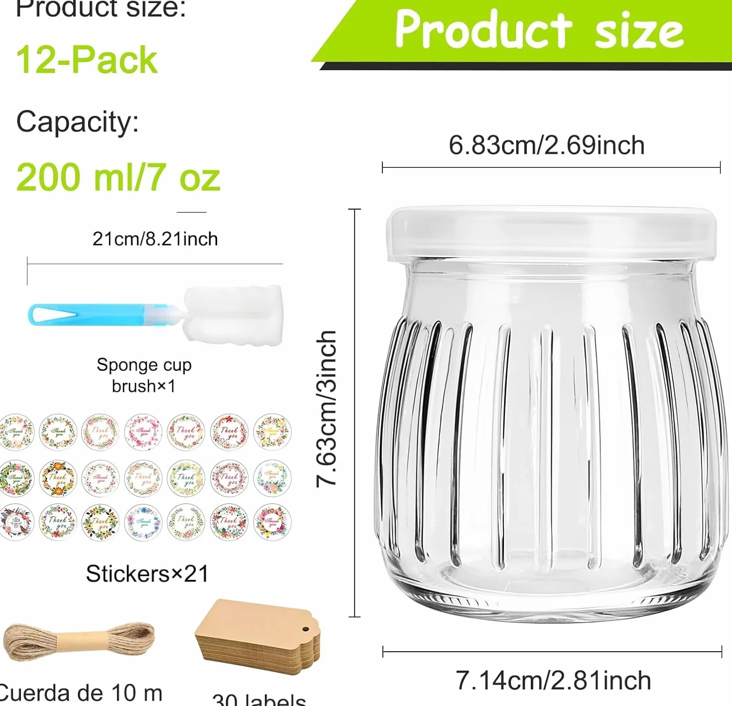200 ml Przezroczyste słoiczki na jogurt z pokrywką, 12 sztuk, wielofunkcyjne szklane pojemniki na deser do dżemu, miodu, deserów, musli, świec, wielokrotnego użytku