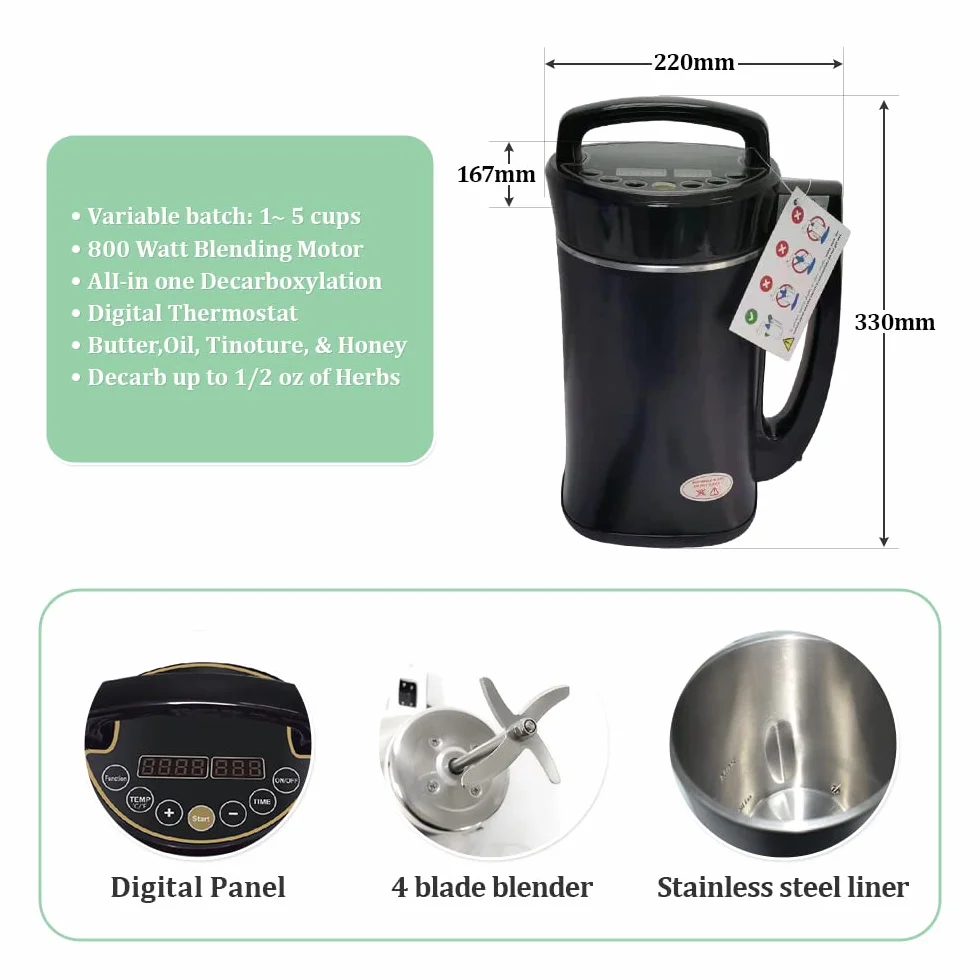 Dekarboksylator, maszyna do zaparzania, zioła botaniczne, 1300 ml napar z masła/oleju, kontrola temperatury