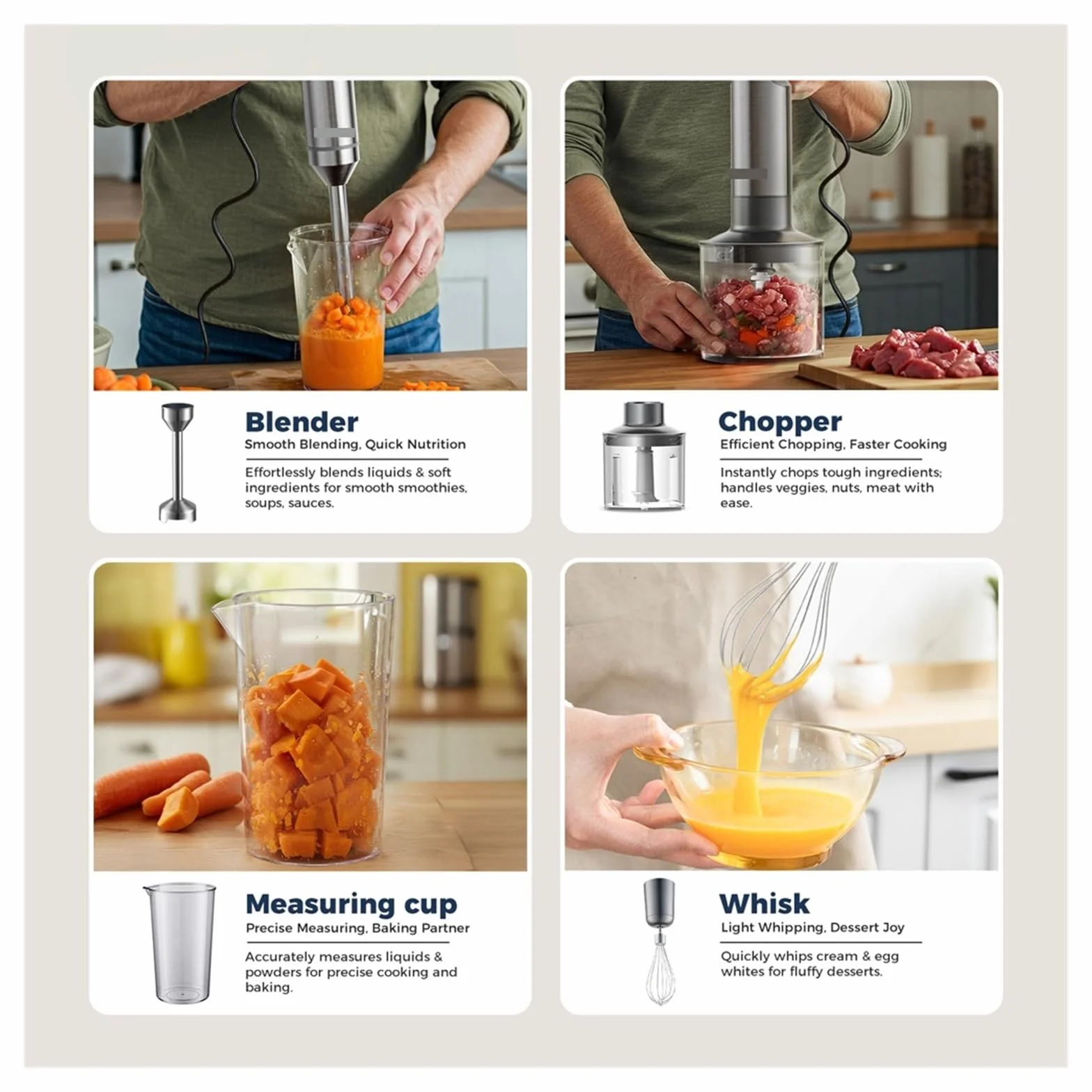 Blender Ręczny 4 W 1, 1000, Mocny, Ze Stali Nierdzewnej, Mikser Do Żywności, Pojemnik Mieszania 700 Ml, Procesor 500, Trzepaczka Wydajny Wysiłku Przetwarzanie Składników(R-PHB8001)