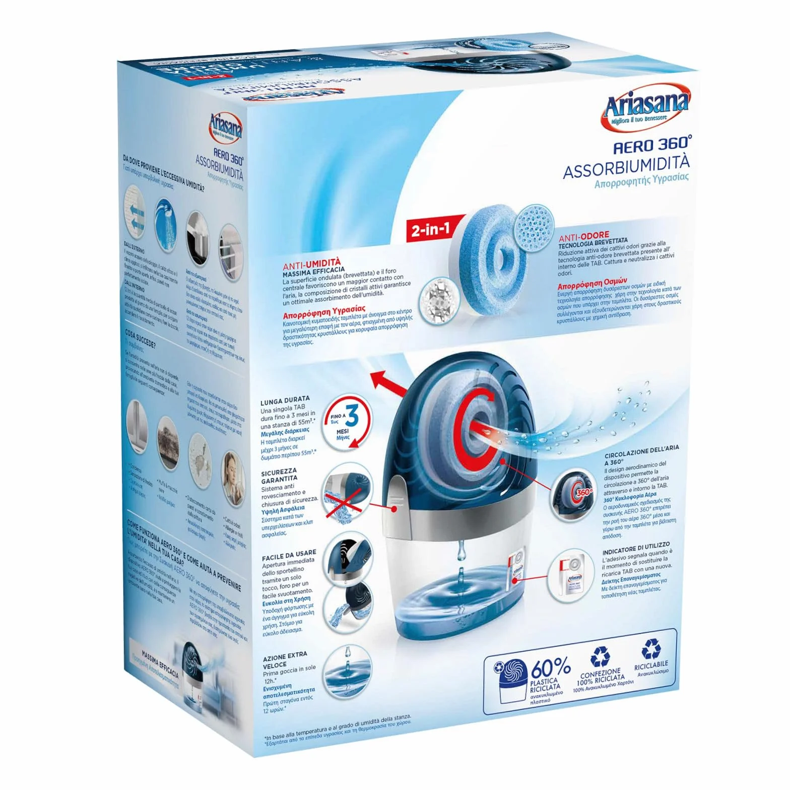 Ariasana Aero 360° Pochłaniacz wilgoci Antyzapachowy 2w1 Plastikowy osuszacz z recyklingu nieelektryczny zapobiega kondensacji pleśni i nieprzyjemnych zapachów z wkładem + 6 wkładów 450 g Bezwonny