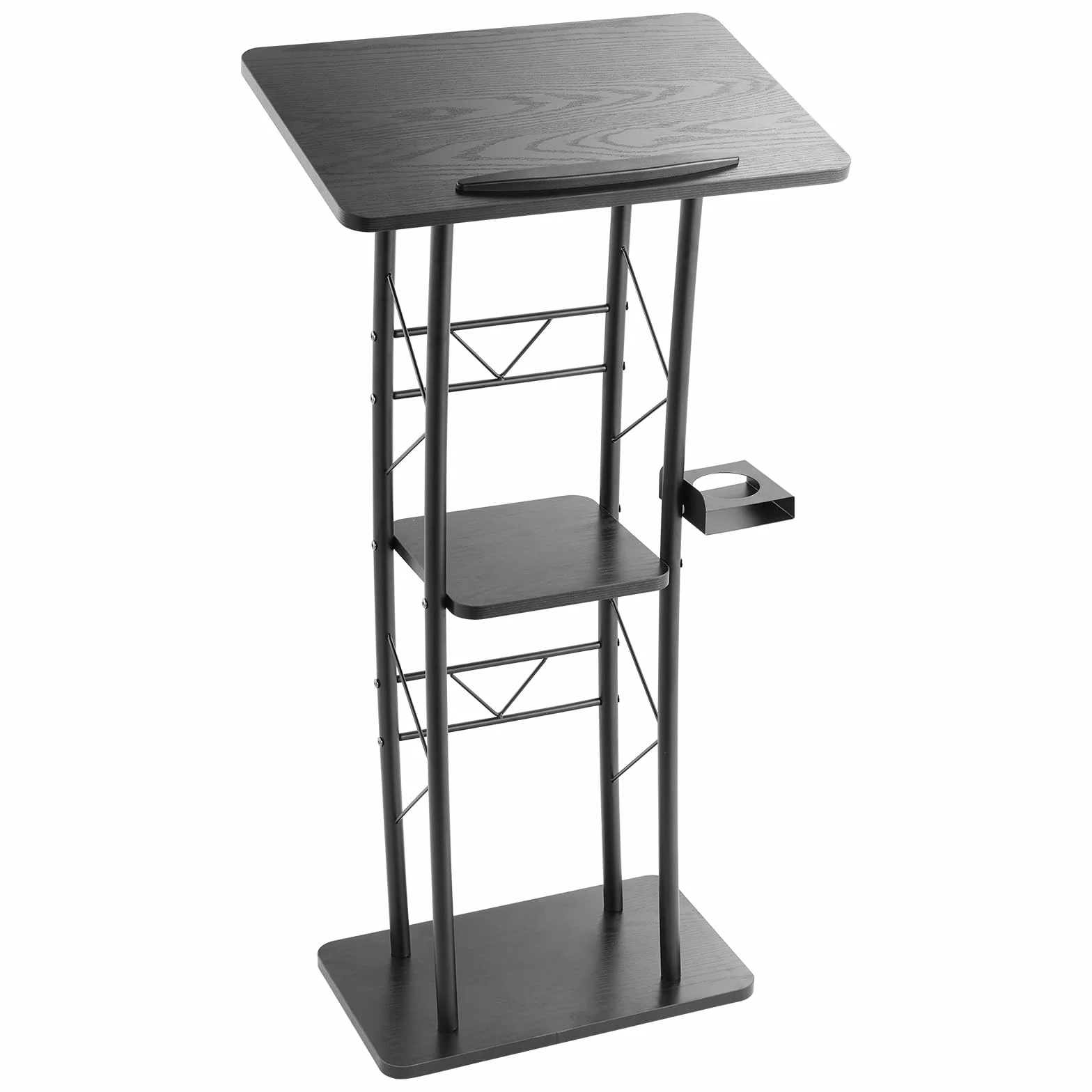VEVOR Stojak na podium, metalowy mówca, zakrzywiony stojak stojący z szeroką powierzchnią do czytania, otwarta przegródka na książki, uchwyt na kubki, do klasy, na wesele, konferencję, przemówienie i