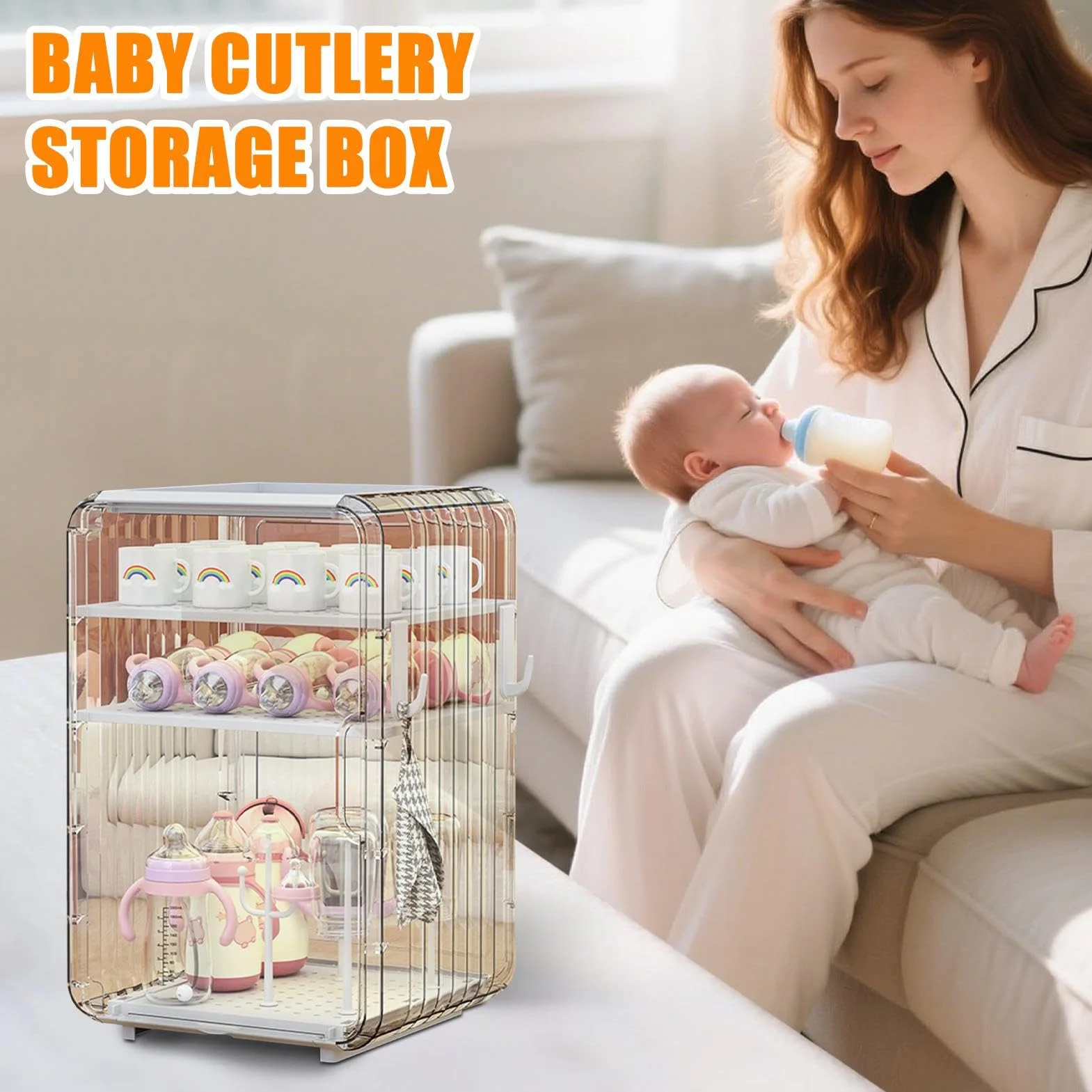 Baby Bottle Organizer, Vertical Cup Storage Box, Covered Holder for Cutlery and Accessories, Multi Use Container for Kitchen Table Fridge Closet Bedroom Pantry Nursery Storage Use