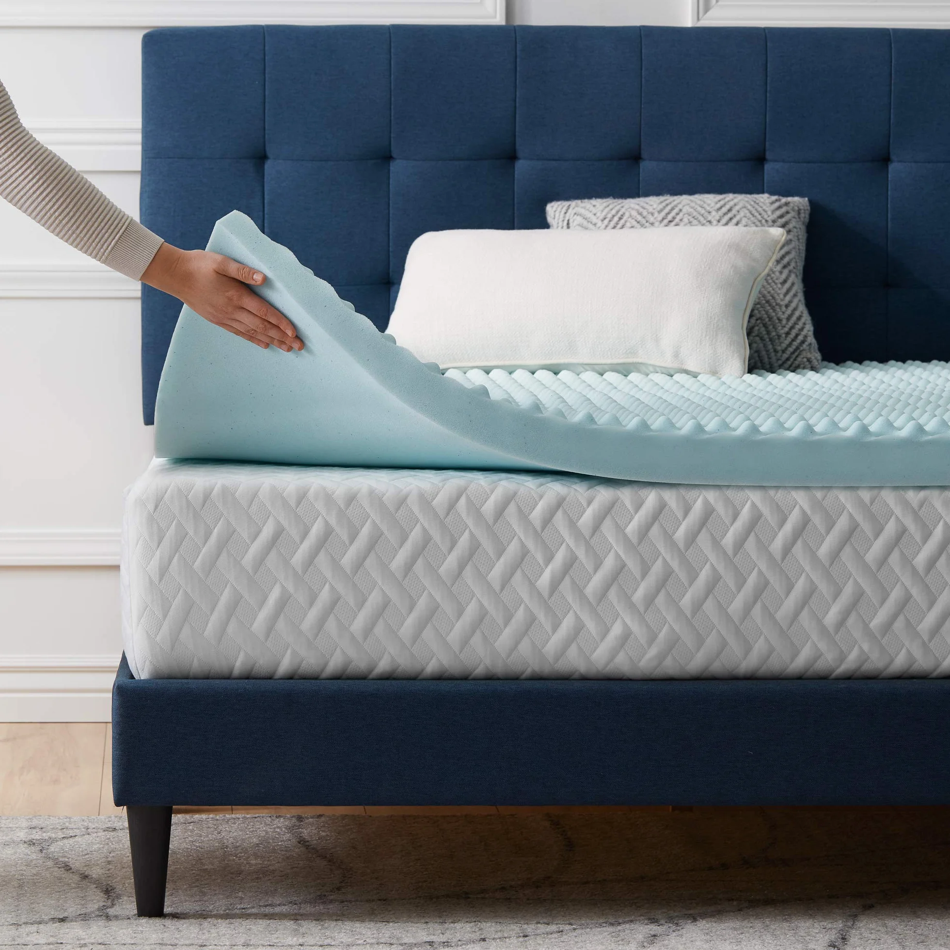 LUCID Nakładka na materac – 5 cm, żelowa pianka z pamięcią kształtu, ergonomiczna, falista i oddychająca, Öko-Tex, 150 x 200 cm, niebieska