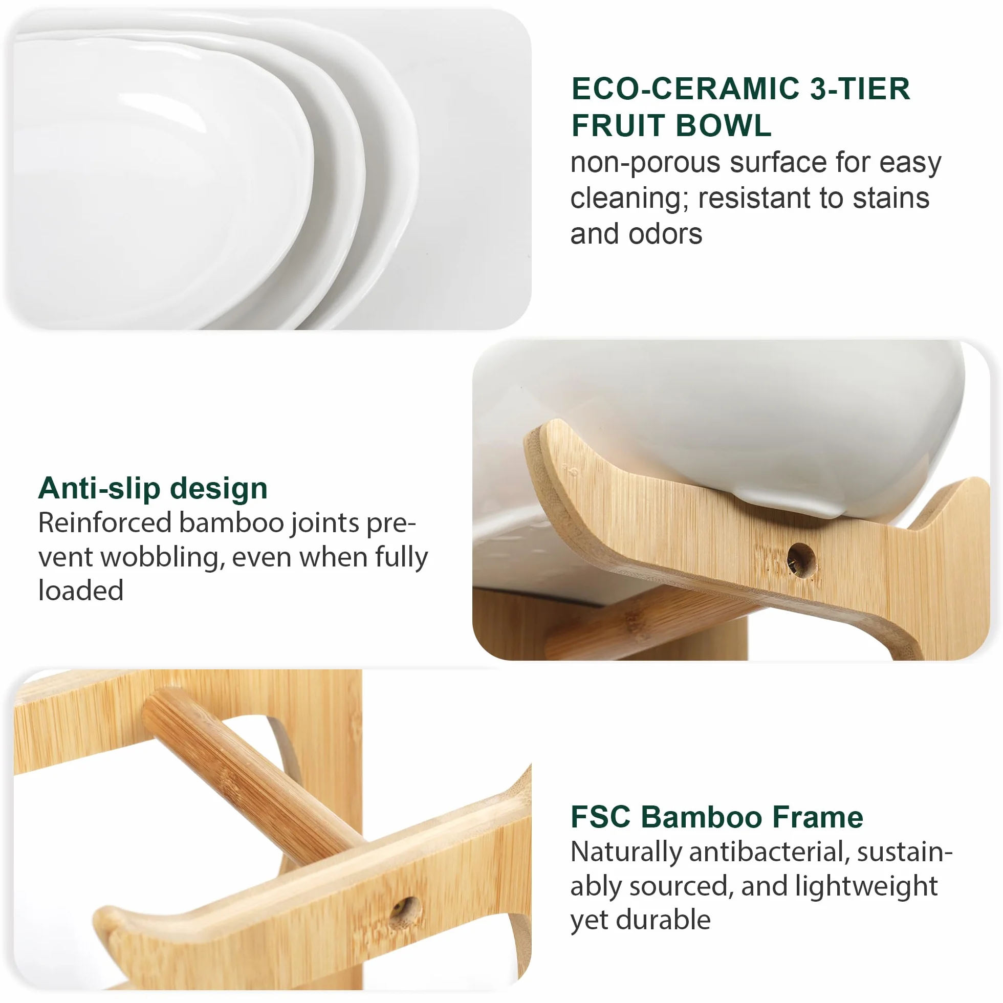 Ceramiczna miska na owoce, 3-poziomowa, porcelanowa, 3 poziomy, z naturalnym bambusowym stojakiem, talerz do serwowania owoców, ciast, słodyczy