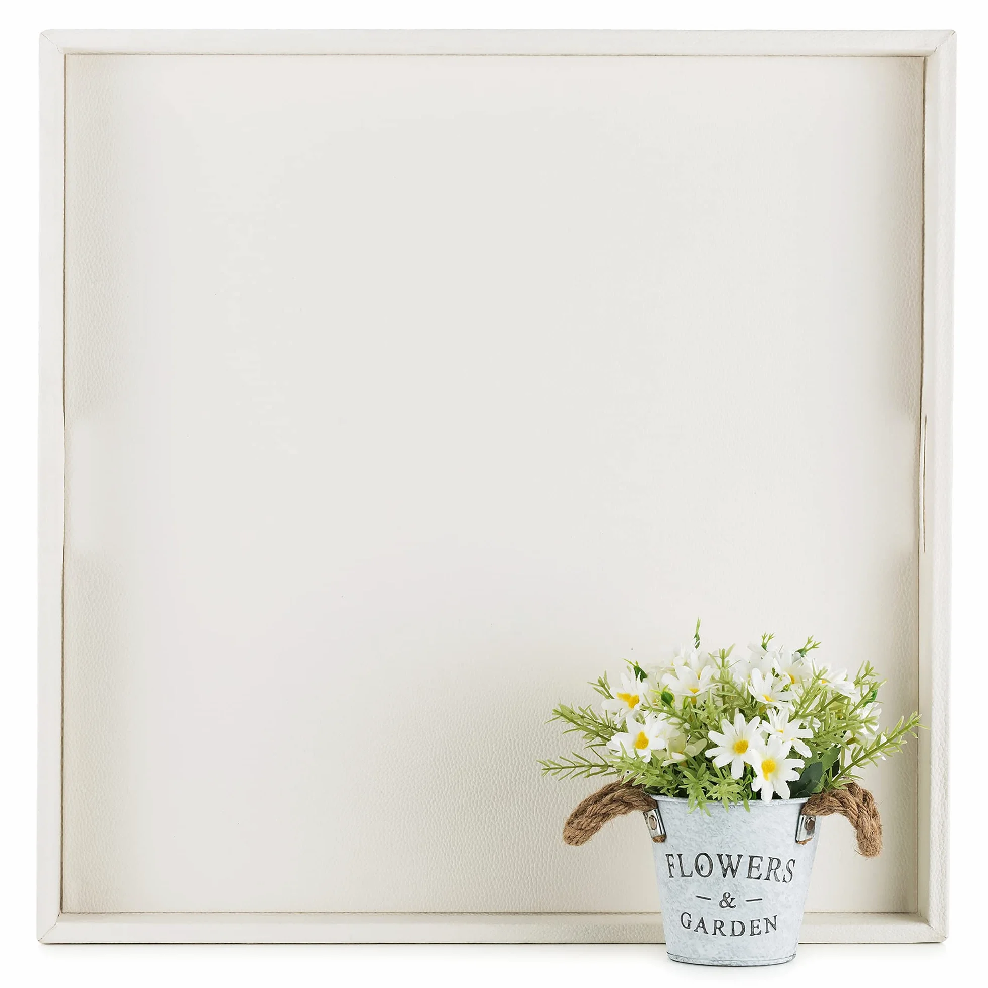 Hanobe Kwadratowa Taca na Otomany: Biała Duża Taca do Serwowania, Skórzana Dekoracyjna z Uchwytami, do Stolika Kawowego, Salonu, 56 x 56 cm
