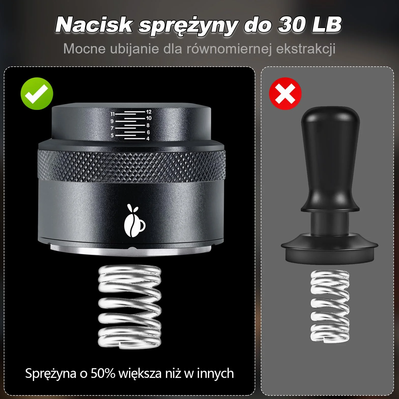 Tamper do espresso 51mm, regulowany tamper do kawy z kalibrowaną sprężyną, narzędzie tamper z 304 stali nierdzewnej, pasujące do koszyków portafiltrów 51mm (Czarny)