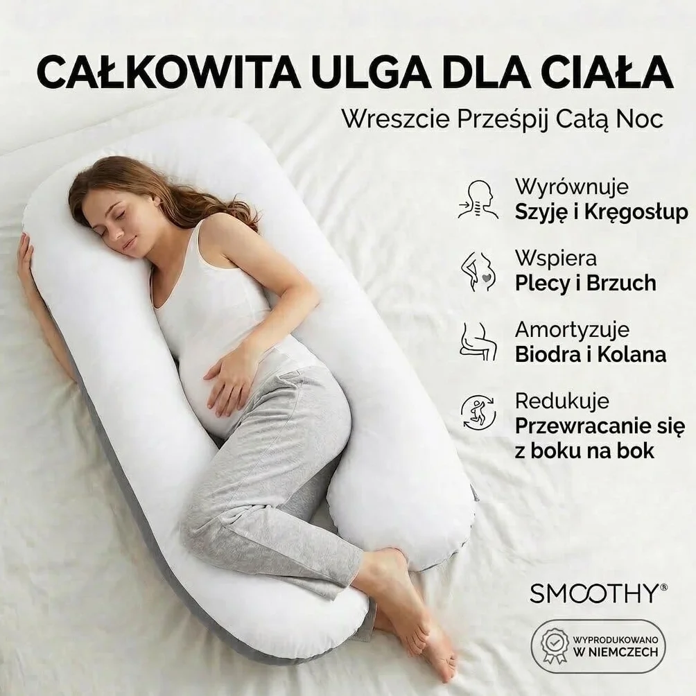 SMOOTHY XXL poduszka ciążowa dla osób śpiących na boku, poduszka do przechowywania, poduszka dla niemowląt i poduszka do karmienia w kształcie litery U, ze zdejmowaną i nadającą się do prania poszewką ze 100% bawełny (Classic XXL, 150 x 80 cm, Duo)