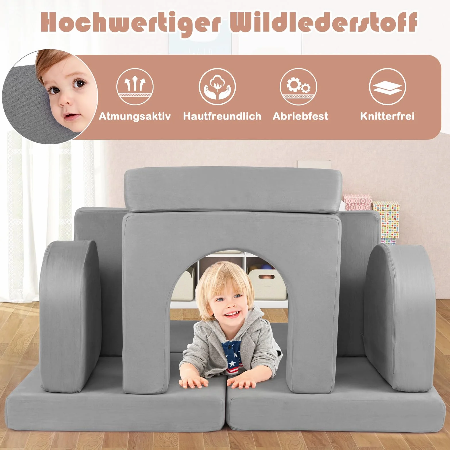 COSTWAY Sofa dziecięca 8-częściowa, sofa do zabawy z pianki z klocków z wygodnego zamszu, modułowa sofa do zabawy dla dzieci (szara)