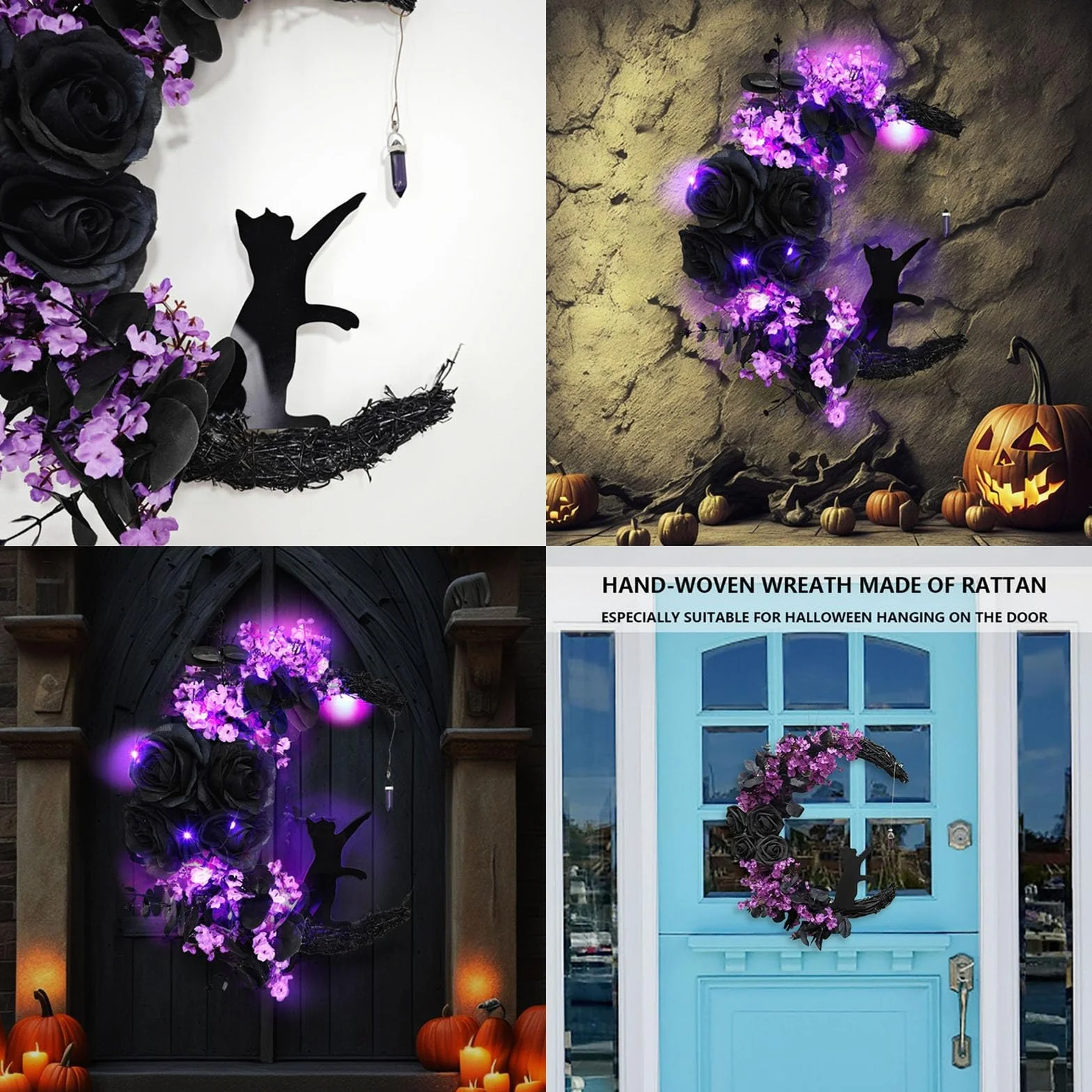 Wieniec Halloween, księżyc, kot, trwały wieniec na Halloween, girlanda, prezent, Halloween, wieniec na drzwi, uniwersalny, do wnętrz, na zewnątrz, dekoracja domu, C, bez światła, 30 cm