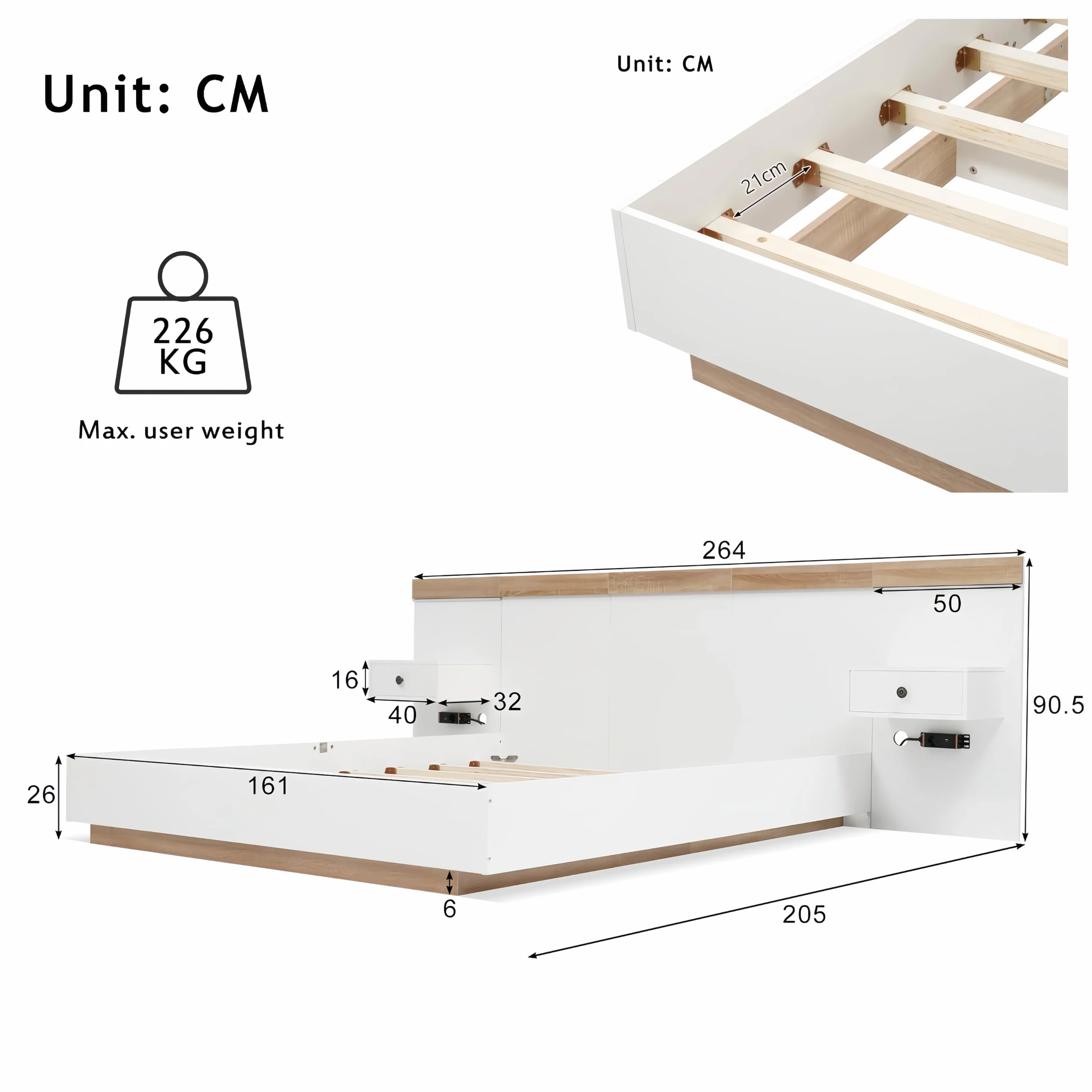 Sapgaks Łóżko 160 x 200 z listwami i głową, łóżko do bagażnika z 2 stolikami nocnymi LED i gniazdem USB, łóżko dla 2 osób z miejscem do przechowywania, podwójna rama, zestaw z białego dębu (bez