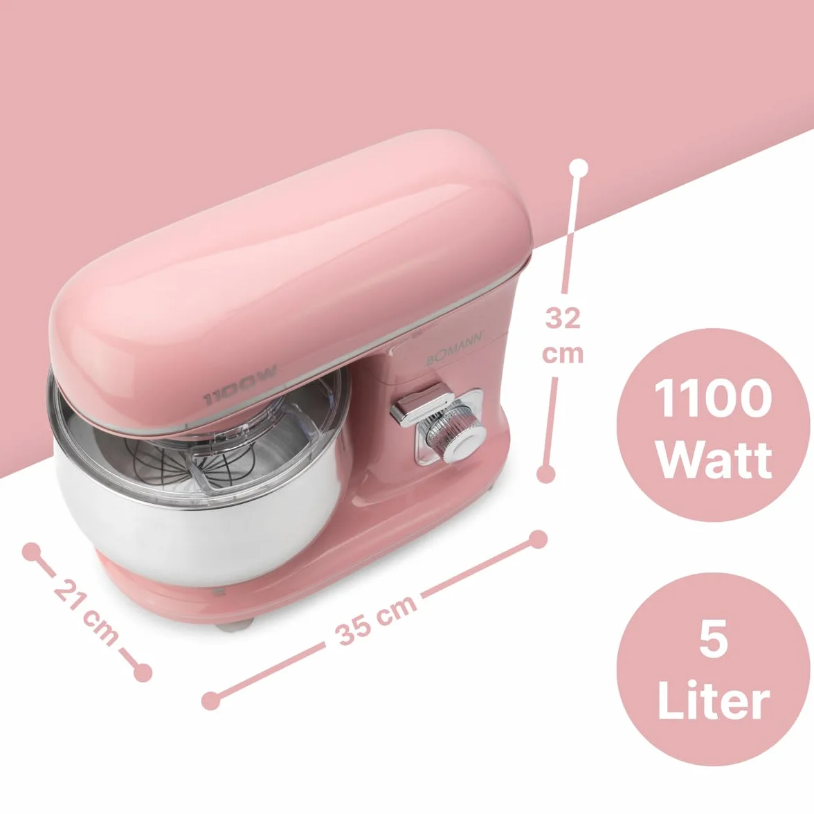 Bomann® Robot kuchenny w stylu retro, 5 l, z mocnym silnikiem 1100 W, w zestawie z hakiem i trzepaczką, w stylu retro, ochrona przed pryskaniem, z otworem do napełniania – KM 6030 CB różowy