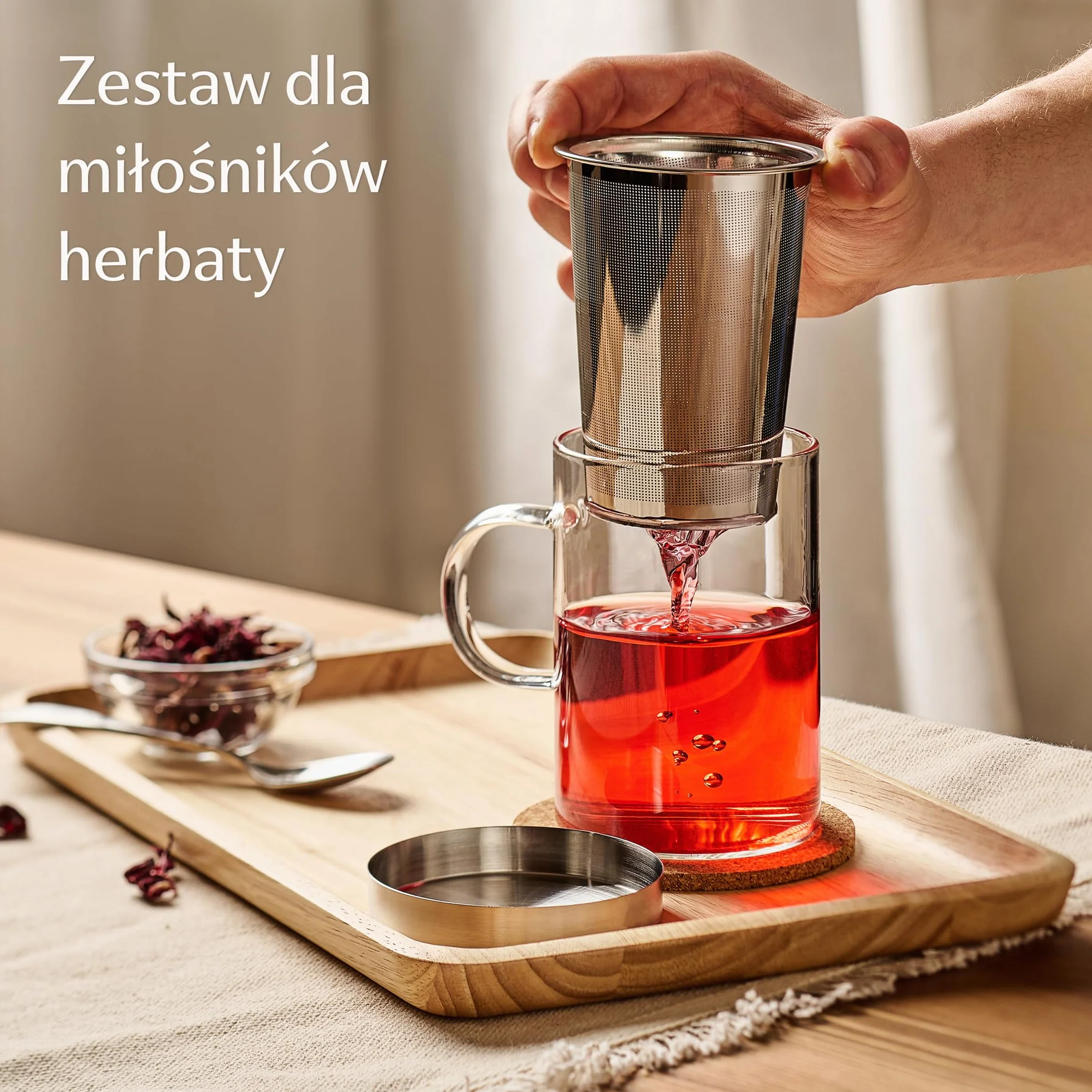 Cosumy Filiżanka do Herbaty z Pokrywką i sitkiem - Szklanka do herbaty z sitkiem i podstawką 400 ml - Duża filiżanka do herbaty ze szkła borokrzemowego - Filtr o drobnych oczkach