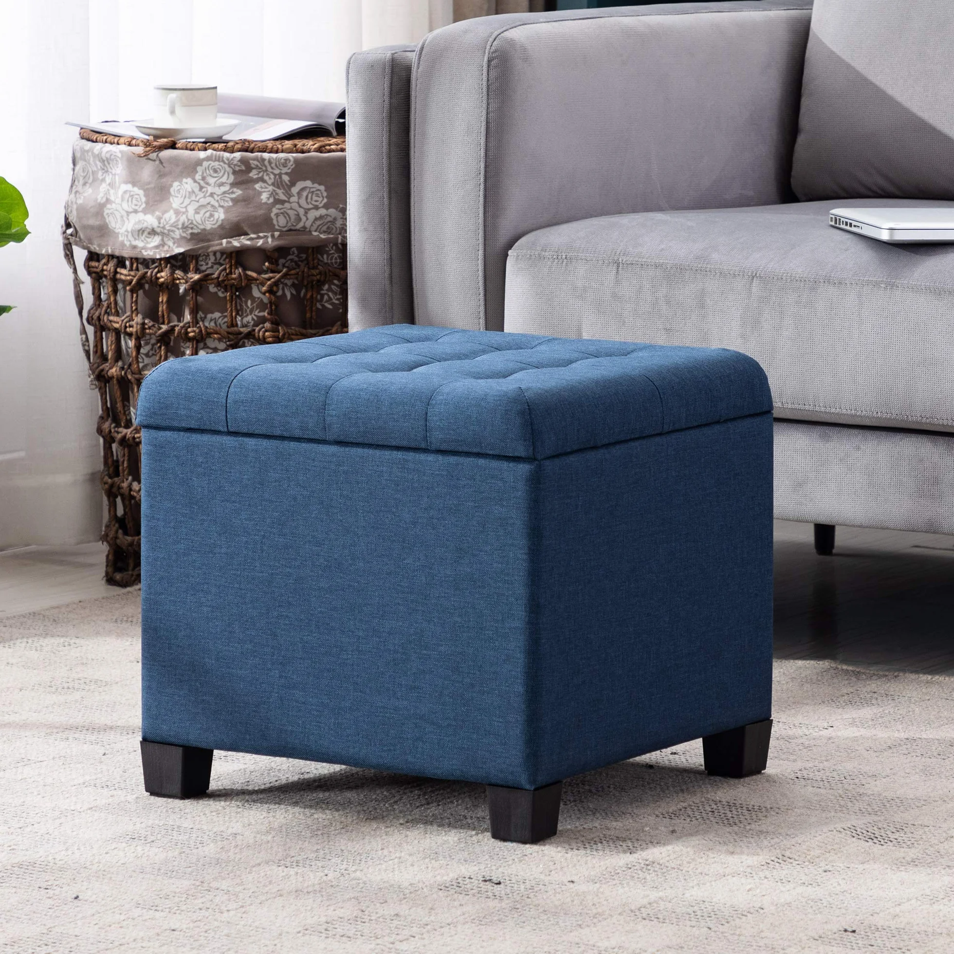 HNNHOME Kostka lniana pufa z pudełkiem do przechowywania i ramą z litego drewna, do salonu toaletki i sypialni z pokrywką, granatowa, 45 cm