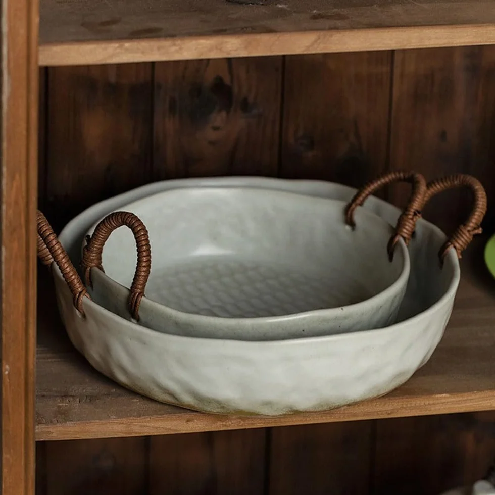 Kosz owoców Ceramiczna miska na owoce z uchwytami rattanu, o strukturze plastra miodu, dekoracyjna do serwowania w kuchni i jadalni Stojak na warzywa w koszyku owoców(Biały,Duży)