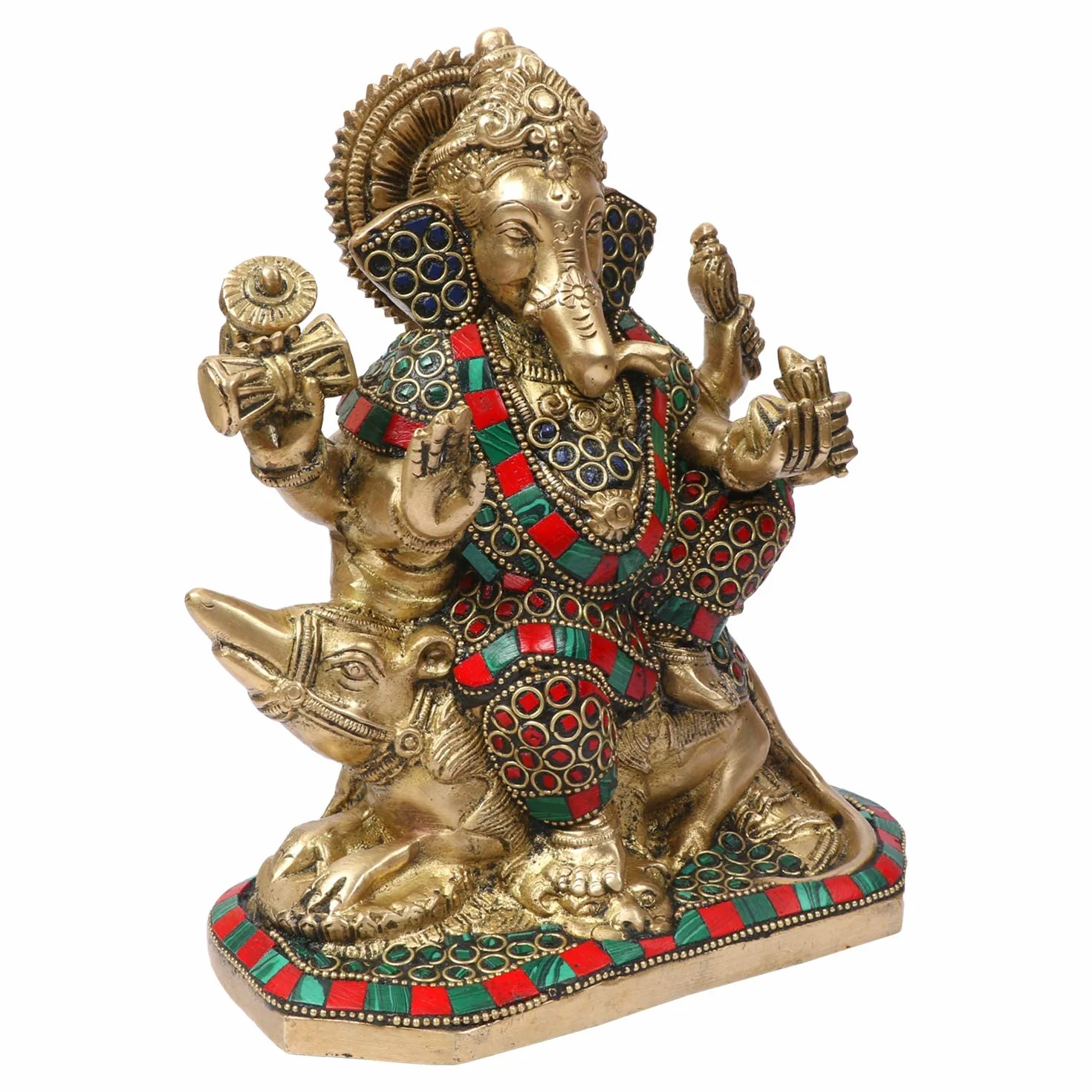 Kartique Mosiężny lord Ganesha Bhagwan idol Mangalkari Ganpati statuetka do wejścia do domu dekoracja salonu siedzący na myszce Mooshak Sawari złoty wielokolorowy wysokość 20 cm