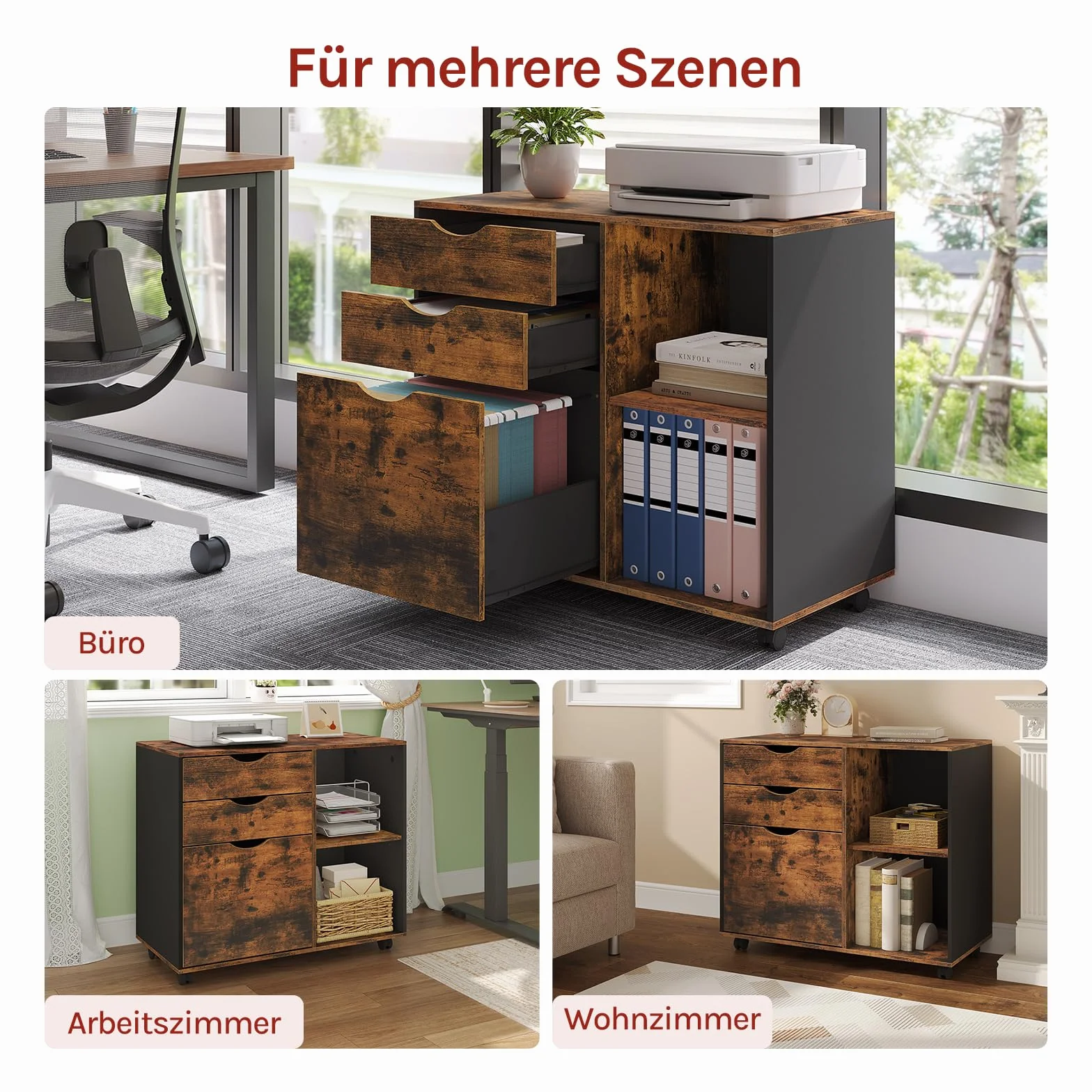 WOLTU Mobilny segregator z 3 szufladami, 2 otwarte półki i drążek wiszący | 5 kółek, do teczek i A4, 80 x 39,5 x 69,5 cm, rustykalny brąz