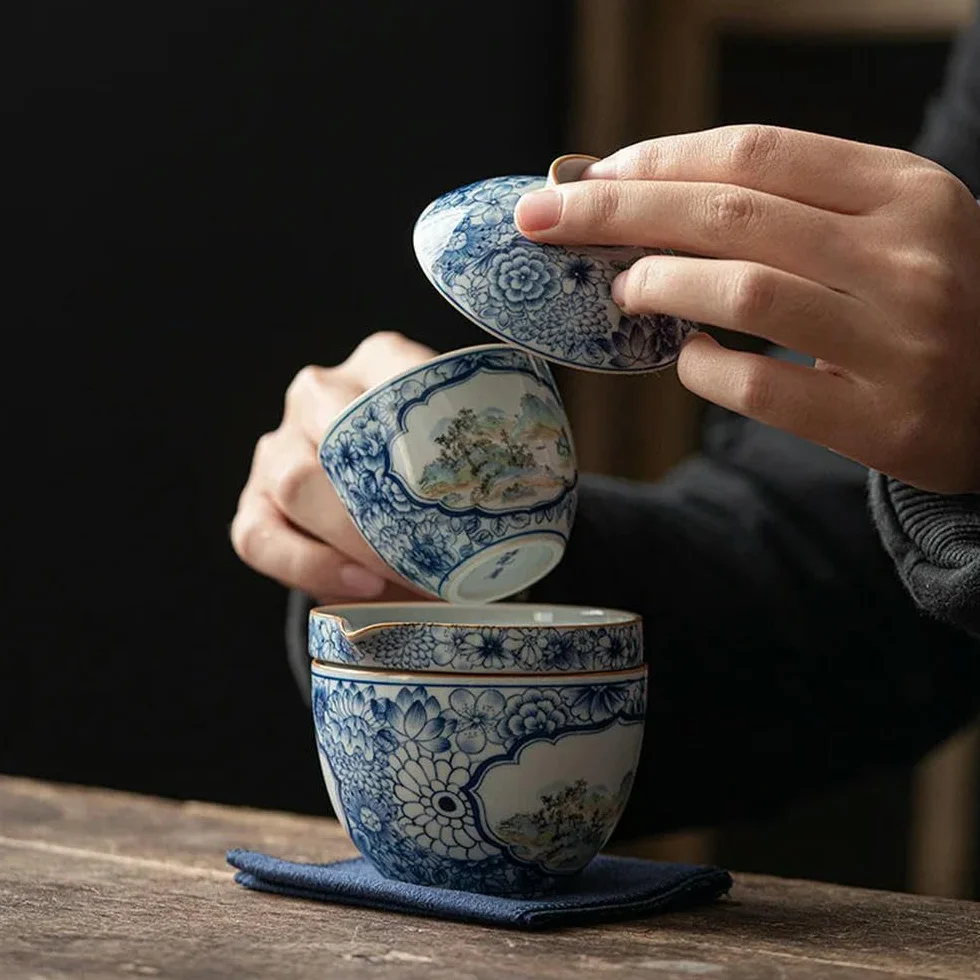 Dzbanek z prezentami Podróżny zestaw do herbaty Kwiaty ceramiczne Zestawy do herbaty Zestaw do herbaty Herbata Kung Fu Porcelana Gaiwan Filiżanka Miska Ceremonia parzenia herbaty(Travel Teaware Set)
