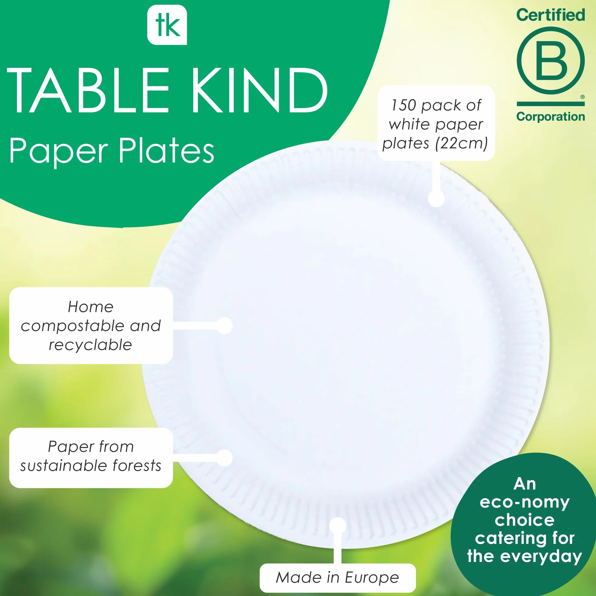 Talking Tables Rodzaj stołu 150 sztuk ekologicznych białych papierowych talerzy do gastronomii i codziennego użytku, nadające się do recyklingu, okrągłe naczynia jednorazowe, artykuły na przyjęcie