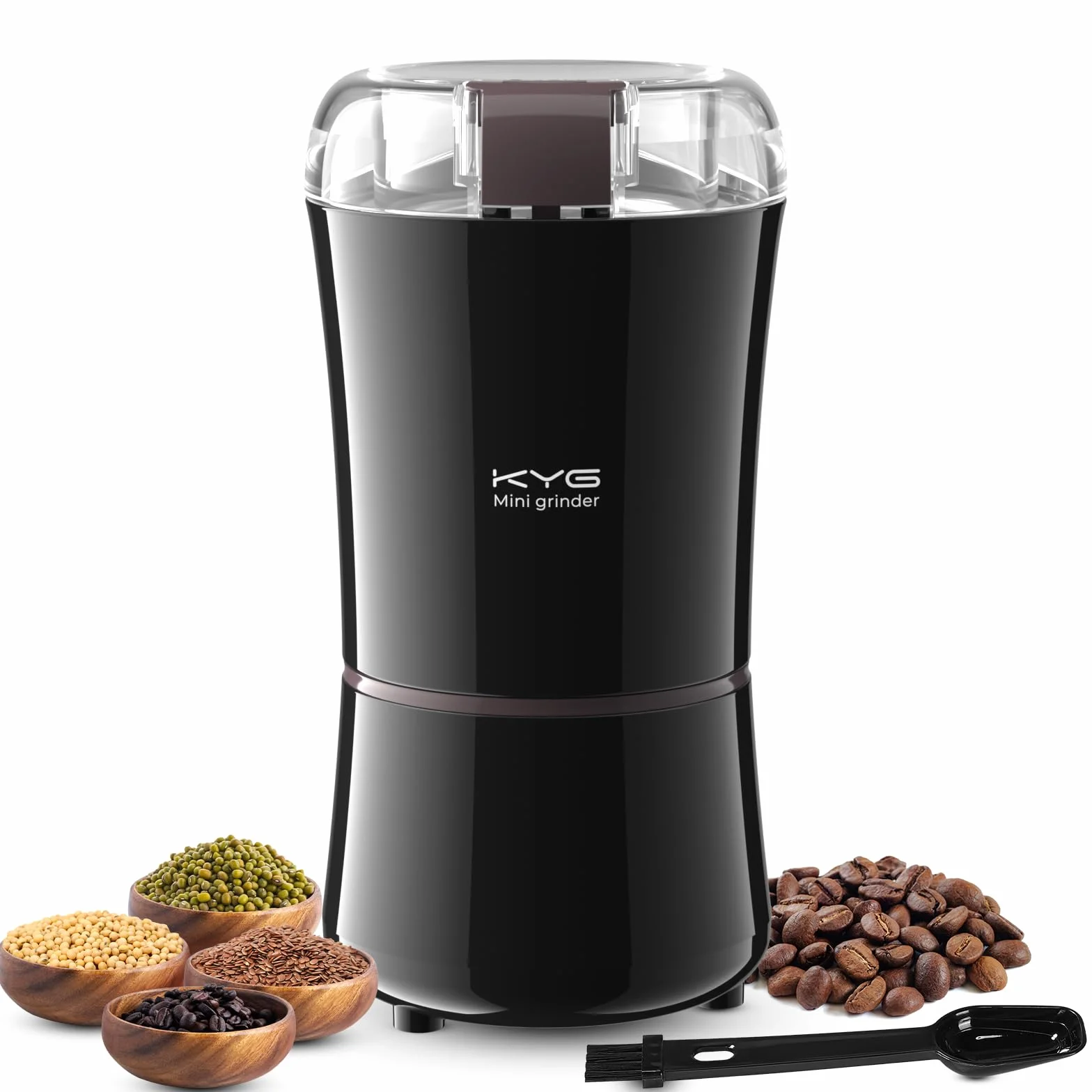 KYG Młynek do kawy, 300 W, pojemność 50 g, ostrza ze stali nierdzewnej, przenośny, do ziaren kawy, przypraw, orzechów, ziół, ze szczotką do czyszczenia