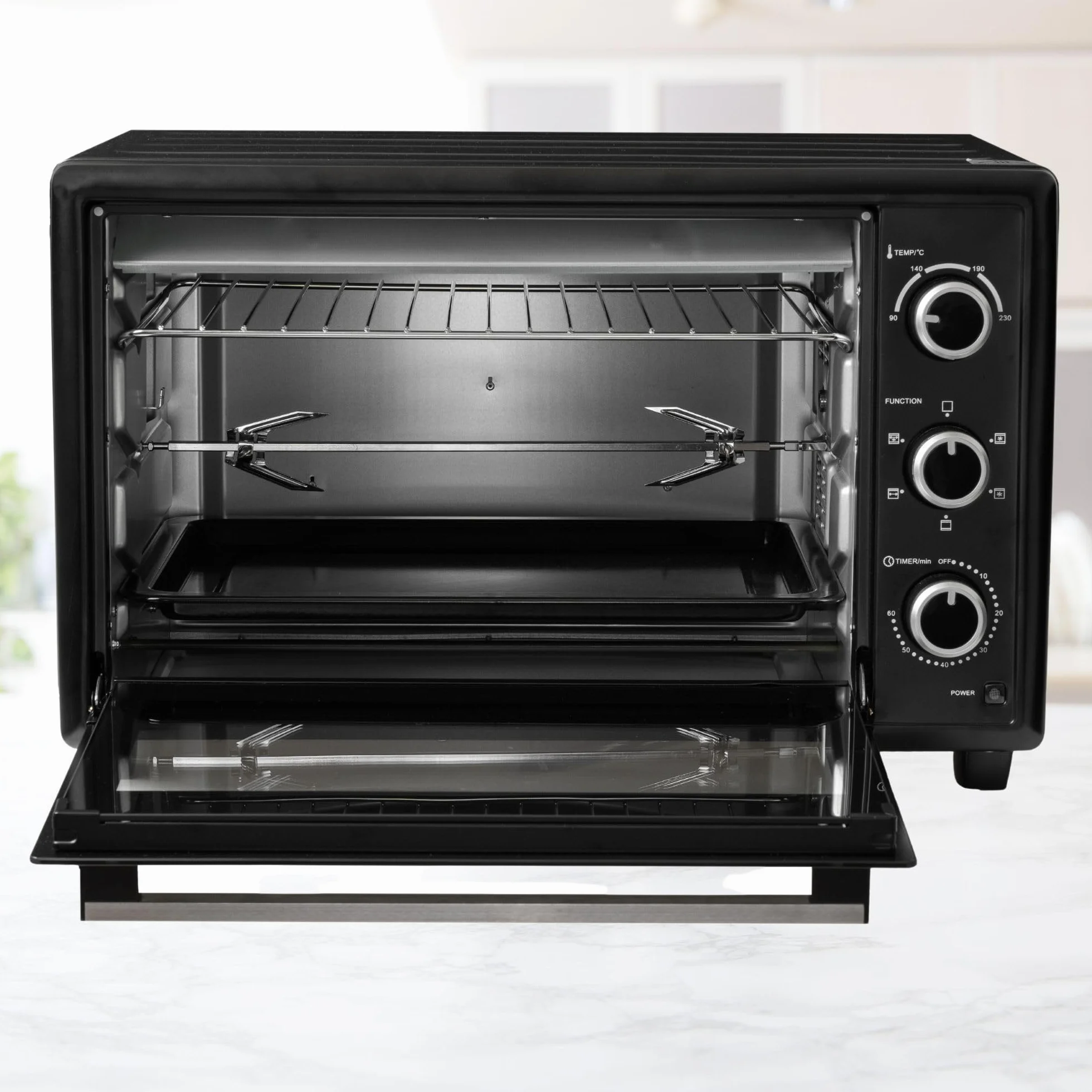 ICQN 50 l mini piekarnik z obiegiem, 1800 W, oświetlenie wewnętrzne, 5 funkcji gotowania, timer 60 min, w zestawie zestaw blach do pieczenia, mini piekarniki