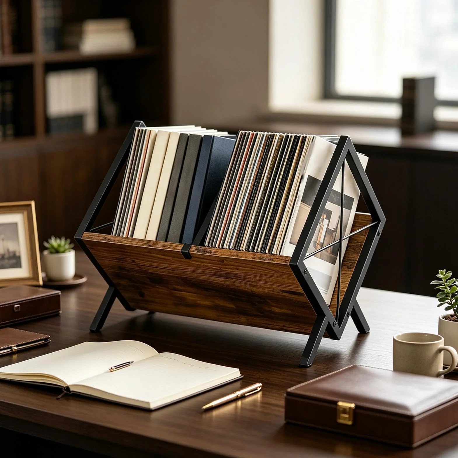 Półka Organizer Na Albumy 1-poziomowy, regulowany, vintage brąz, na 80 LP | Półka Regału Na Albumy Winylowe Do Książek I Dokumentów Sypialni Biura Biblioteki I Akademika