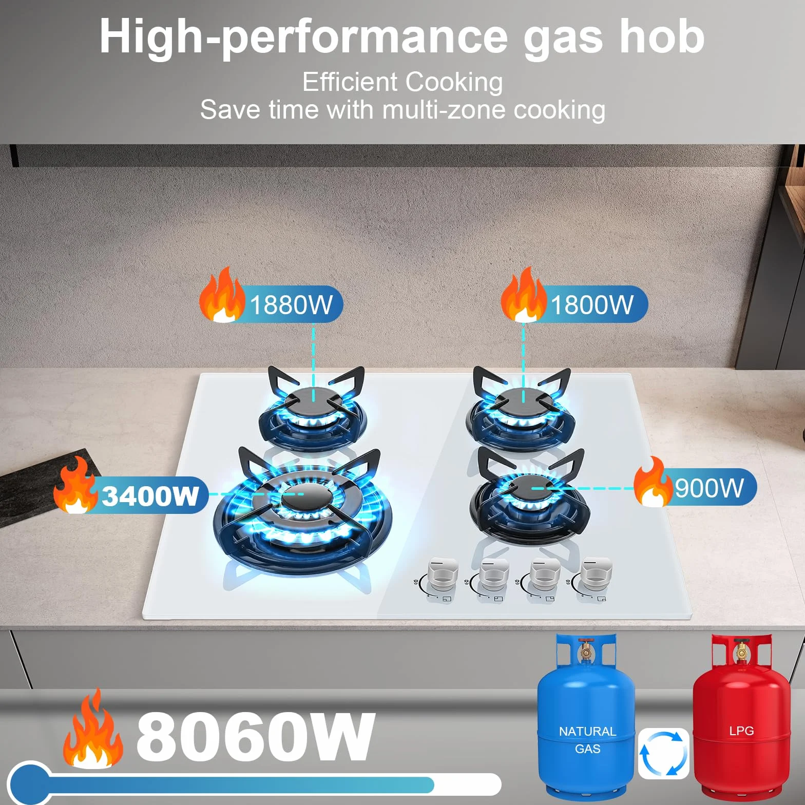 Płyta gazowa z 4 palnikami, biała, TopStrong szklana płyta gazowa z 4 palnikami z zabezpieczeniem termoparą 60 cm, do zabudowy 60 cm, naturalna/propanowa, 8060 W, 220-240 V