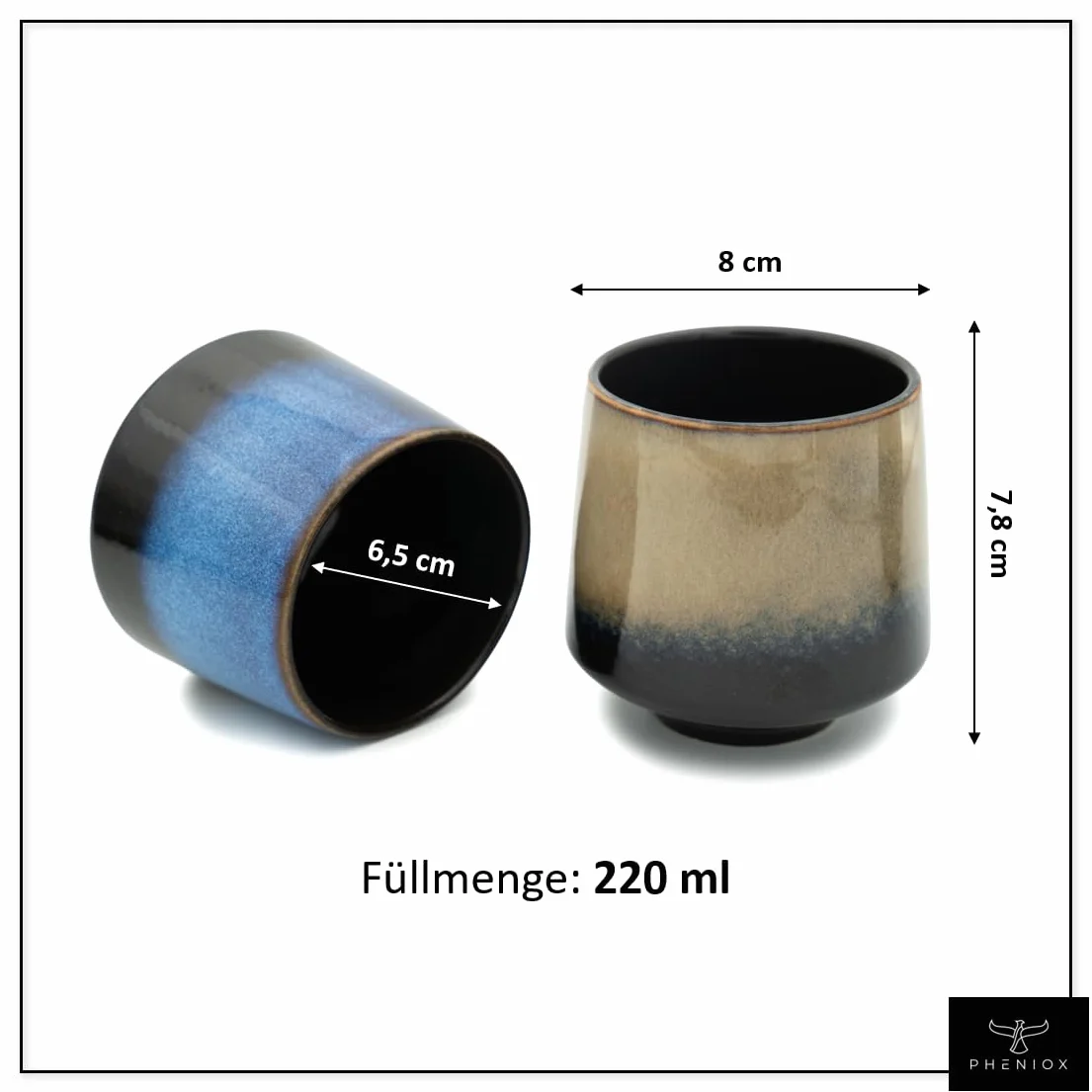 Pheniox Zestaw Filiżanek Cappuccino Infinity 4 x 220 ml Porcelanowe Filiżanki Bez Uchwytu