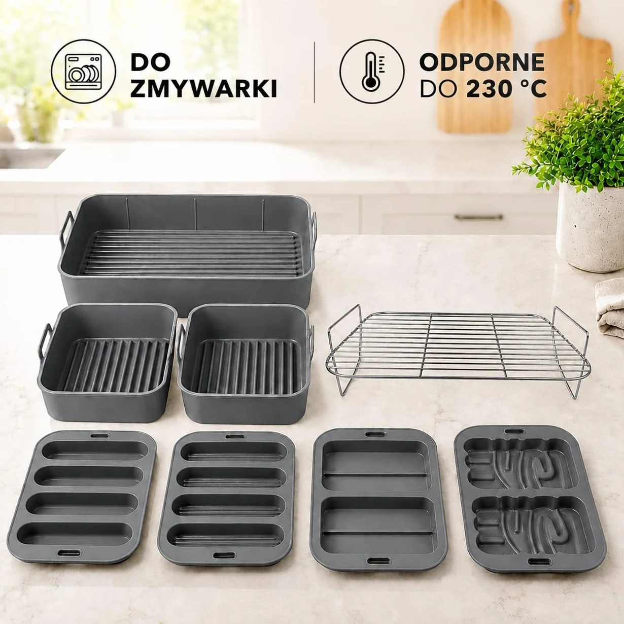 Zestaw 8 akcesoriów do frytkownicy beztłuszczowej Cosori TwinFry 10L | 3 foremki z dnem o łagodnych falach, 4 foremki o różnych kształtach i 2-poziomowa kratka S304, do zmywarki, do 230°C