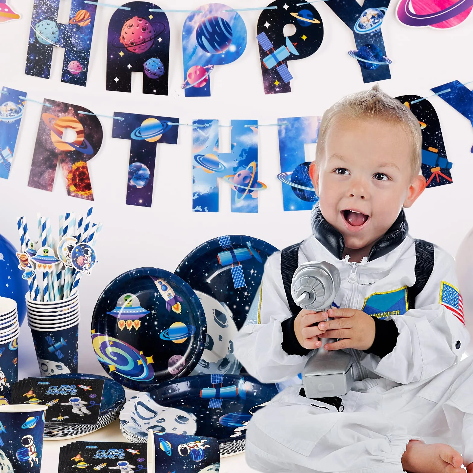 SUNBEAUTY Dekoracja urodzinowa Motyw Kosmiczny Układ Słoneczny Party Deco Zaopatrzenie na przyjęcie Talerze, Słomki, Ręczniki papierowe, Kubki Astronauta Rakieta Planeta dla dzieci