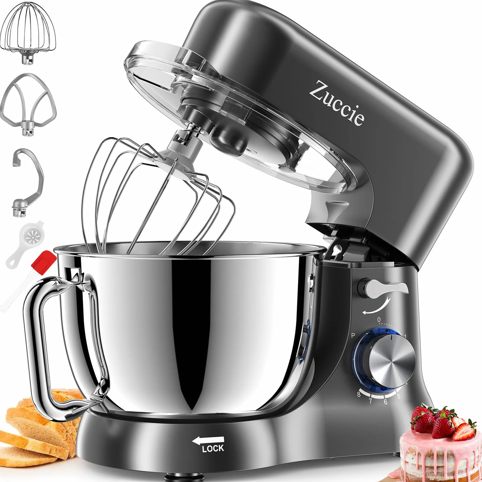 robot kuchenny, cicha maszyna do ugniatania, w zestawie miska ze stali nierdzewnej 5 l, 3 narzędzia do mieszania, ochrona przed pryskaniem, skrobak do ciasta i separator jajek, maszyna do