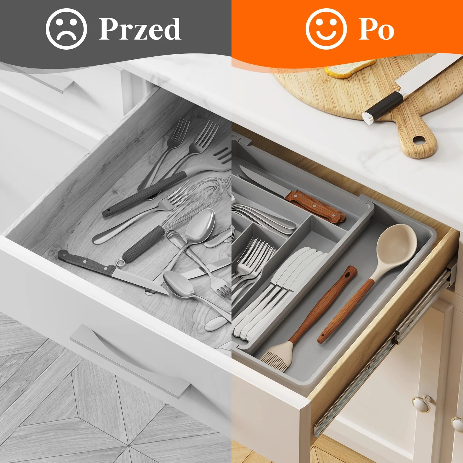 Lifewit Pojemnik na sztućce do szuflady, regulowany wkład, szerokość od 33 do 57 cm, głębokość 42,4 cm, uchwyt z tworzywa sztucznego