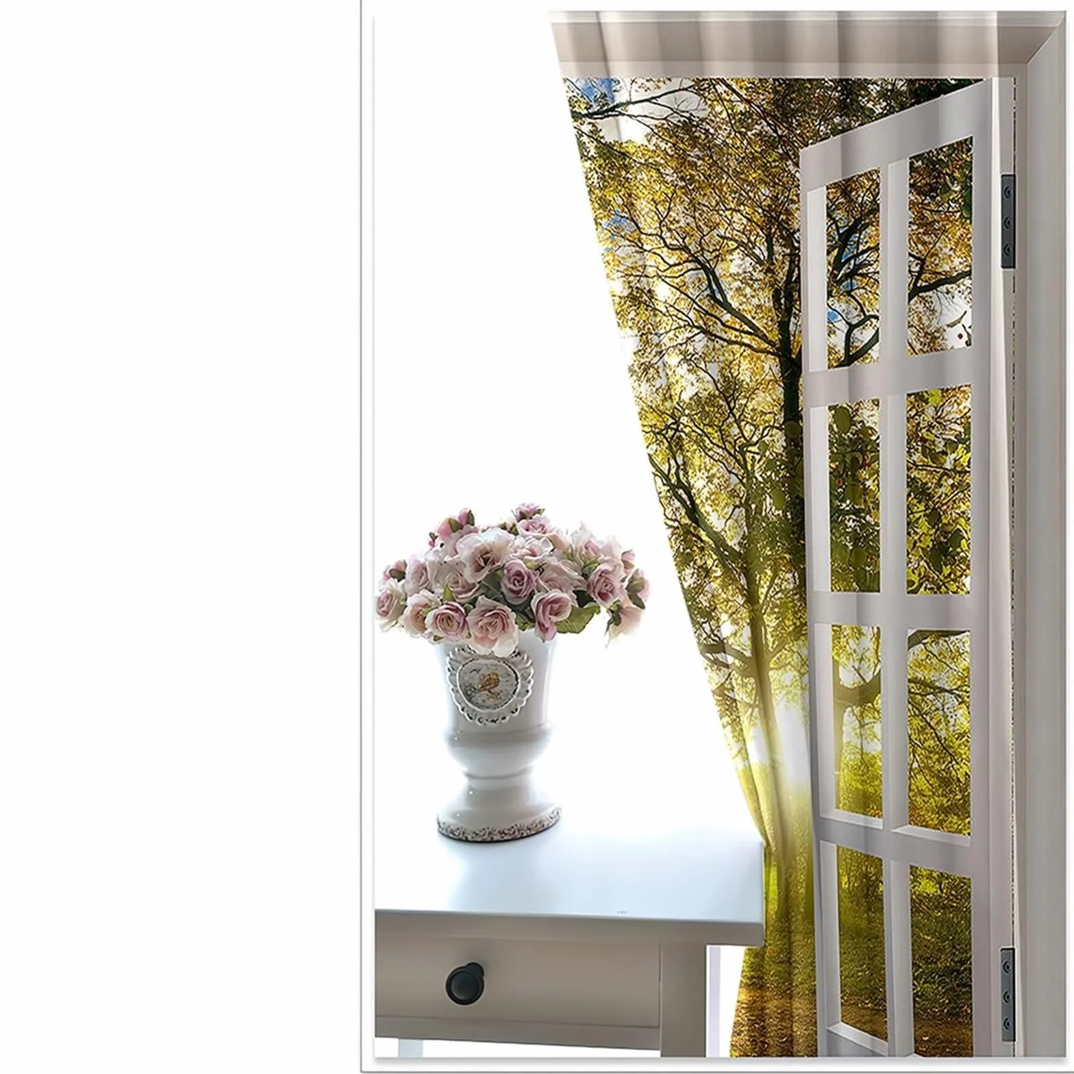 Zestaw zasłon do salonu, zasłona zaciemniająca biały żółty zielony rama okienna ze słonecznym ogrodem leśnym krajobraz poliester zestaw 2 sztuk 214 x 160 cm