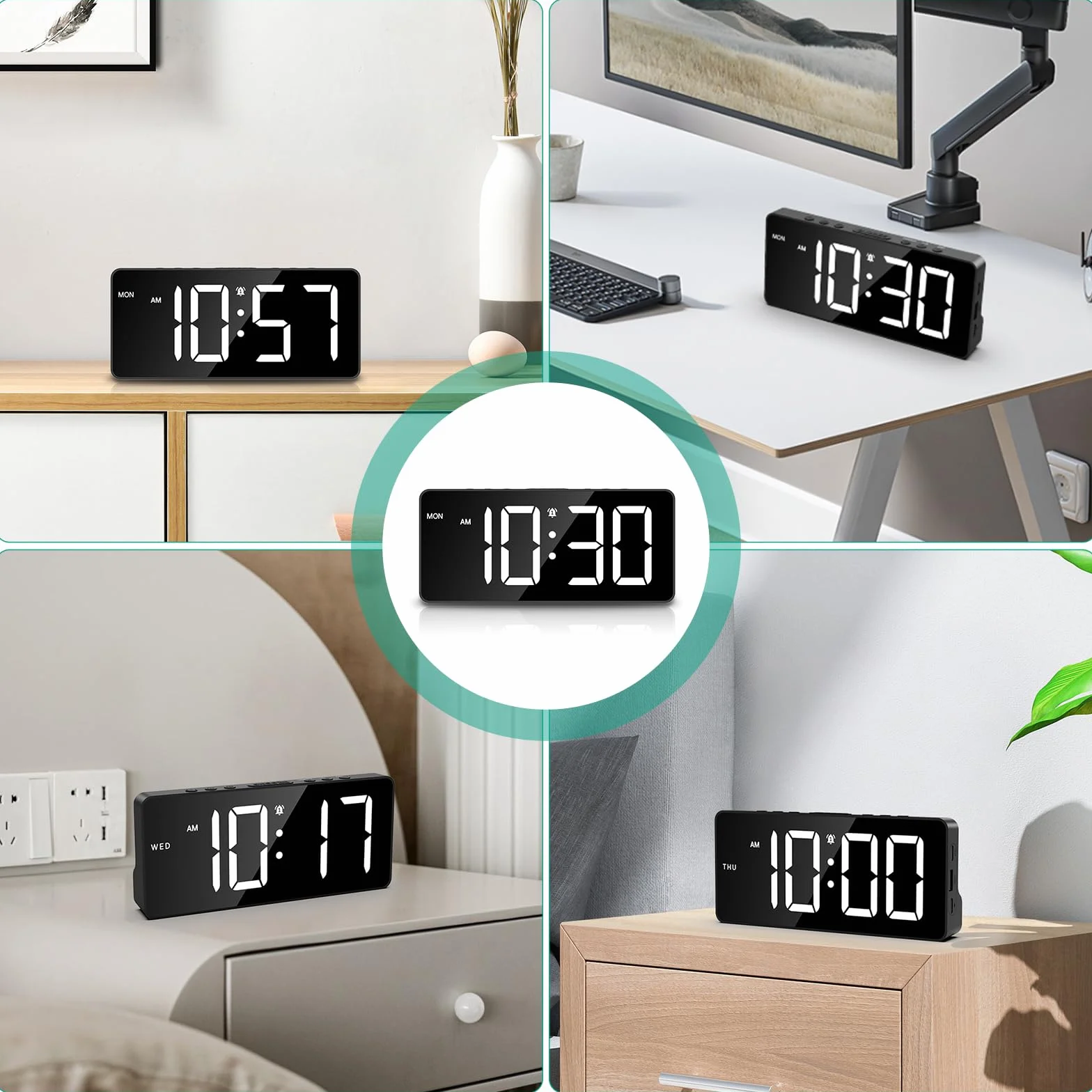 ORIA Cyfrowy budzik i nocne budziki LED, 5-poziomowy zegar z jasnością, 2 porty USB, drzemka, data, 12/24 h, podwójne alarmy (kabel 1,5 m w zestawie)