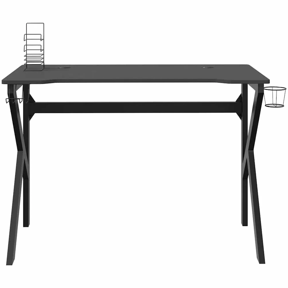 Biurko gamingowe ze stelażem K w kolorze czarnym i czerwonym 110 x 60 x 75 cm, ergonomiczne biurko komputerowe z półką na słuchawki, uchwytem na kontroler i wbudowanym uchwytem na kubek