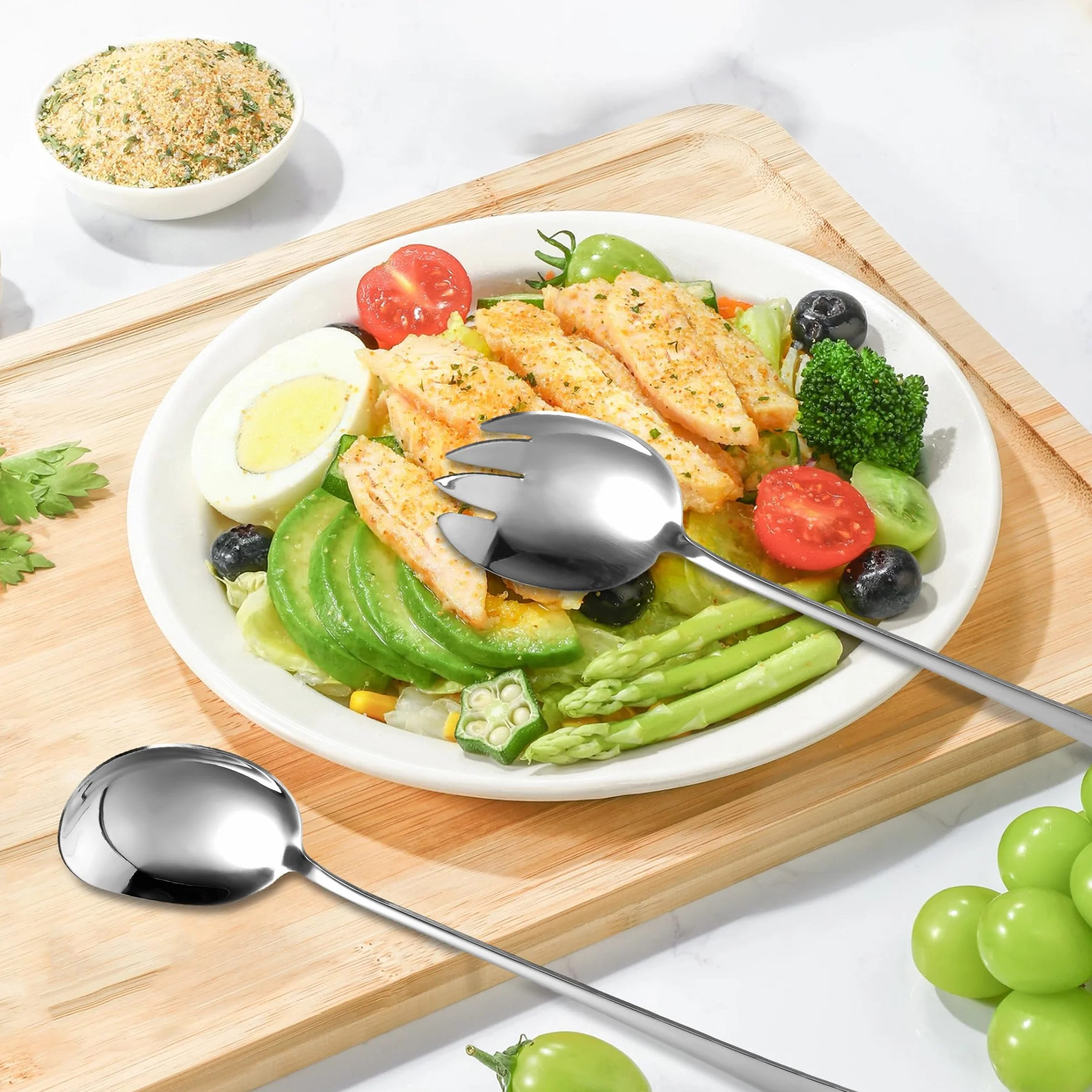 Zestaw sztućców do sałatek ze stali nierdzewnej 28 cm, 2 sztuki, duże łyżki do serwowania, widelczyki do sałatek, łyżki do sałatek, łyżki ze stali nierdzewnej z długimi uchwytami, sztućce