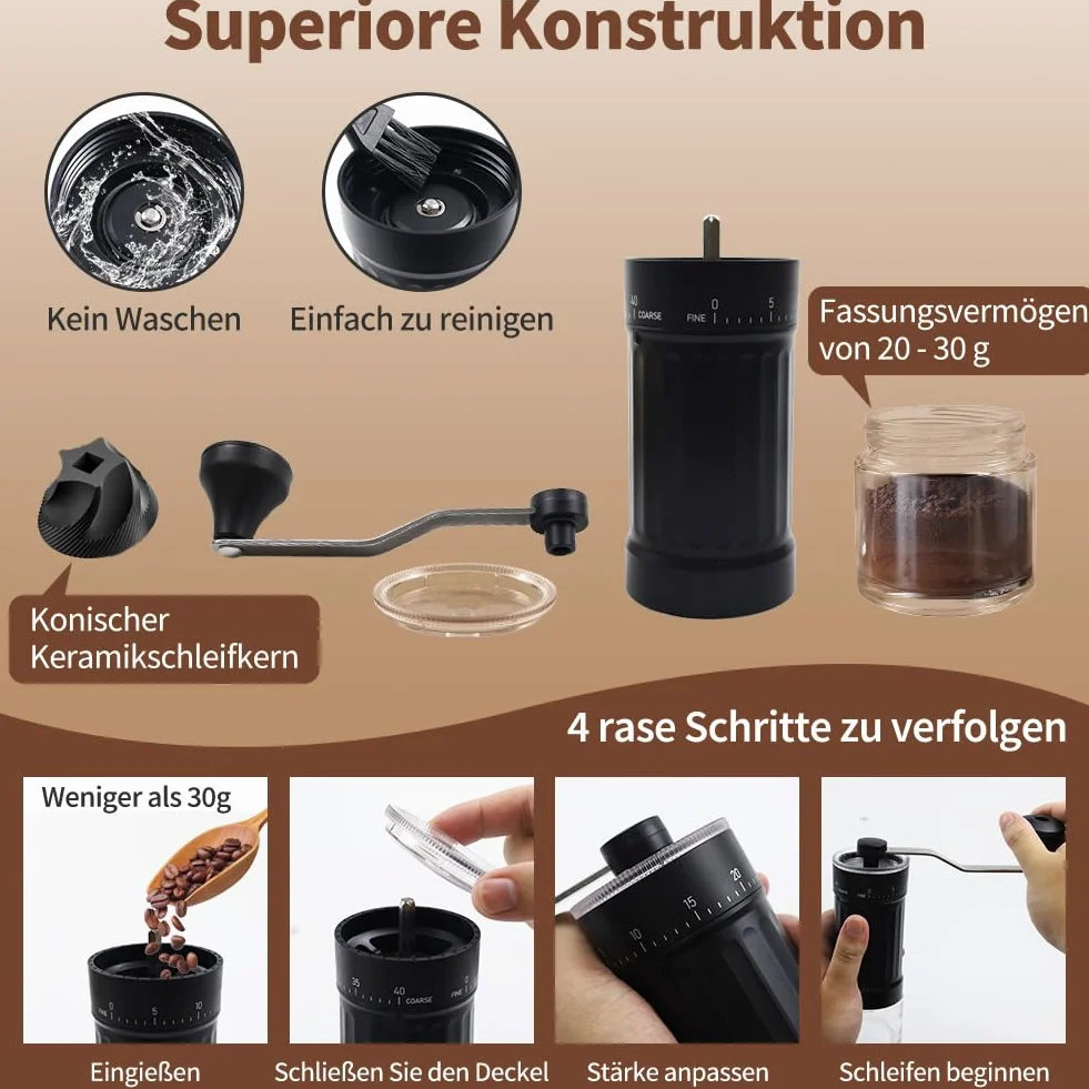ręczny młynek do kawy, ręczna młynek do kawy w kolorze czarnym, ręczny młynek do kawy z ceramicznym mechanizmem mielącym, 40-stopniowa regulacja, do Aeropress, Espresso, Pour Over, French