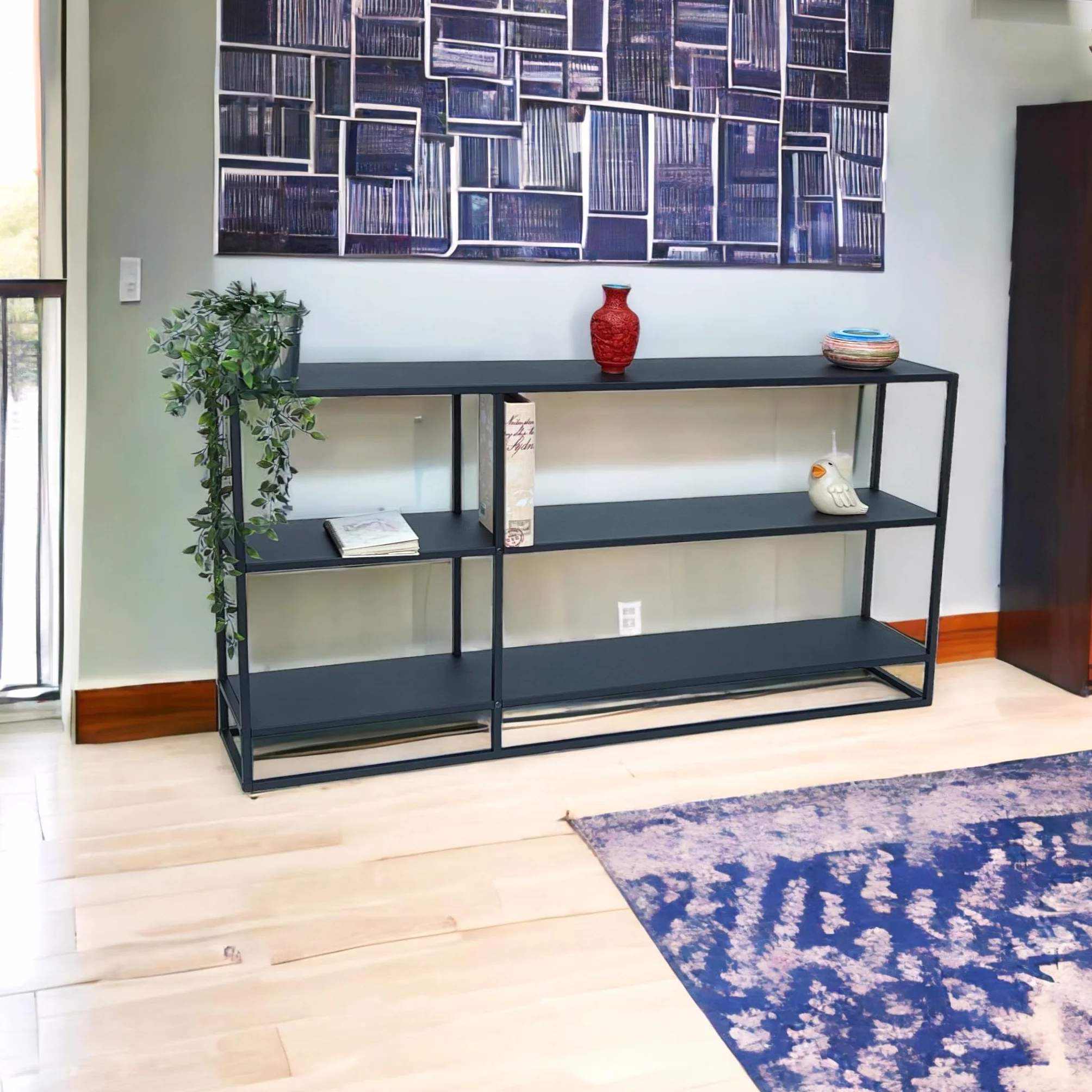 DanDiBo Stolik konsolowy, wąski, metalowy, czarny, z 3 poziomami, nowoczesny, 140 x 70 x 25 cm, regał stojący, regał stojący 96471, metalowy regał z półką