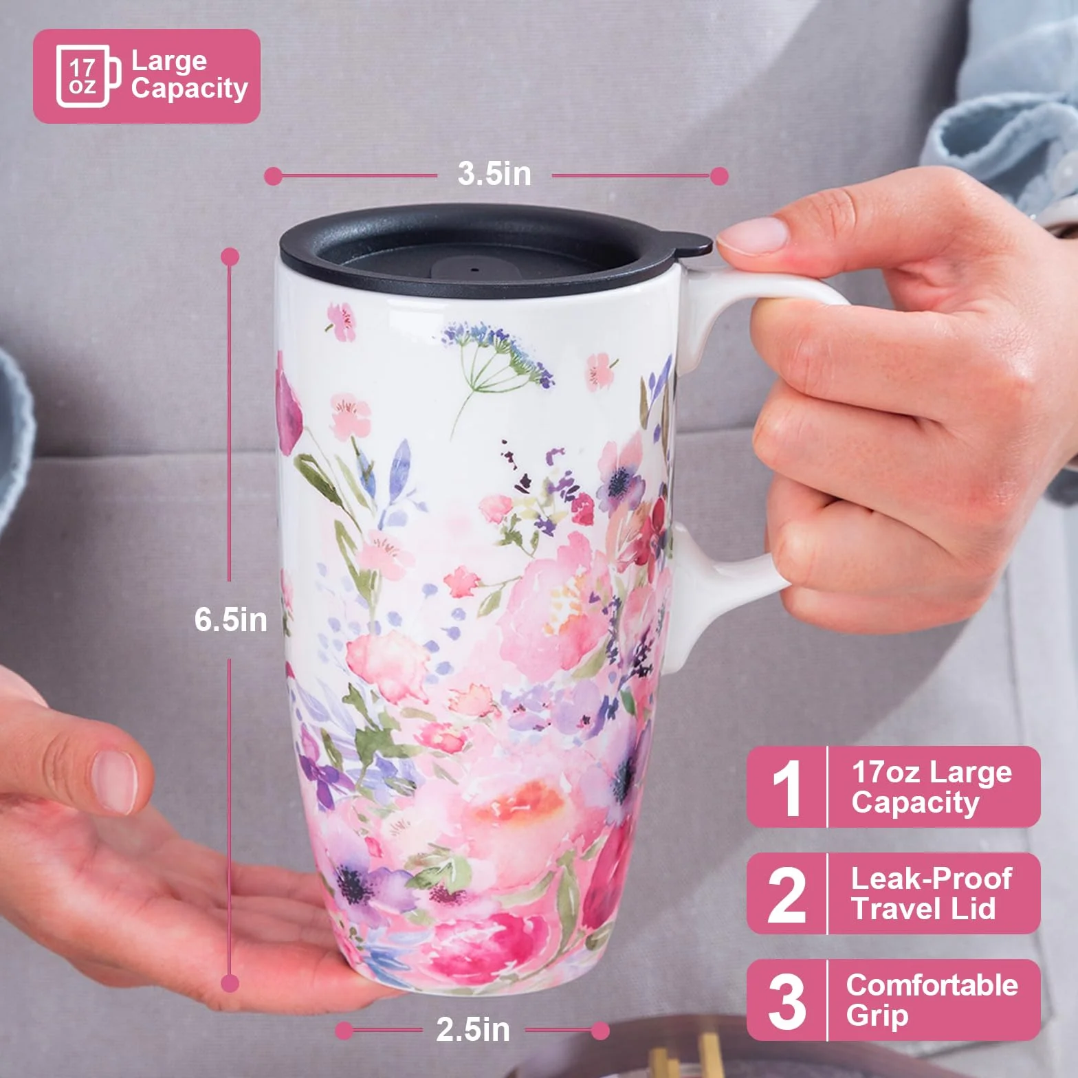 DUSVALLY Kubek ceramiczny duży kubek do kawy wysokie kubki porcelanowa filiżanka do herbaty latte z pokrywką i pudełkiem prezentowym 480 ml, różowy kwiat