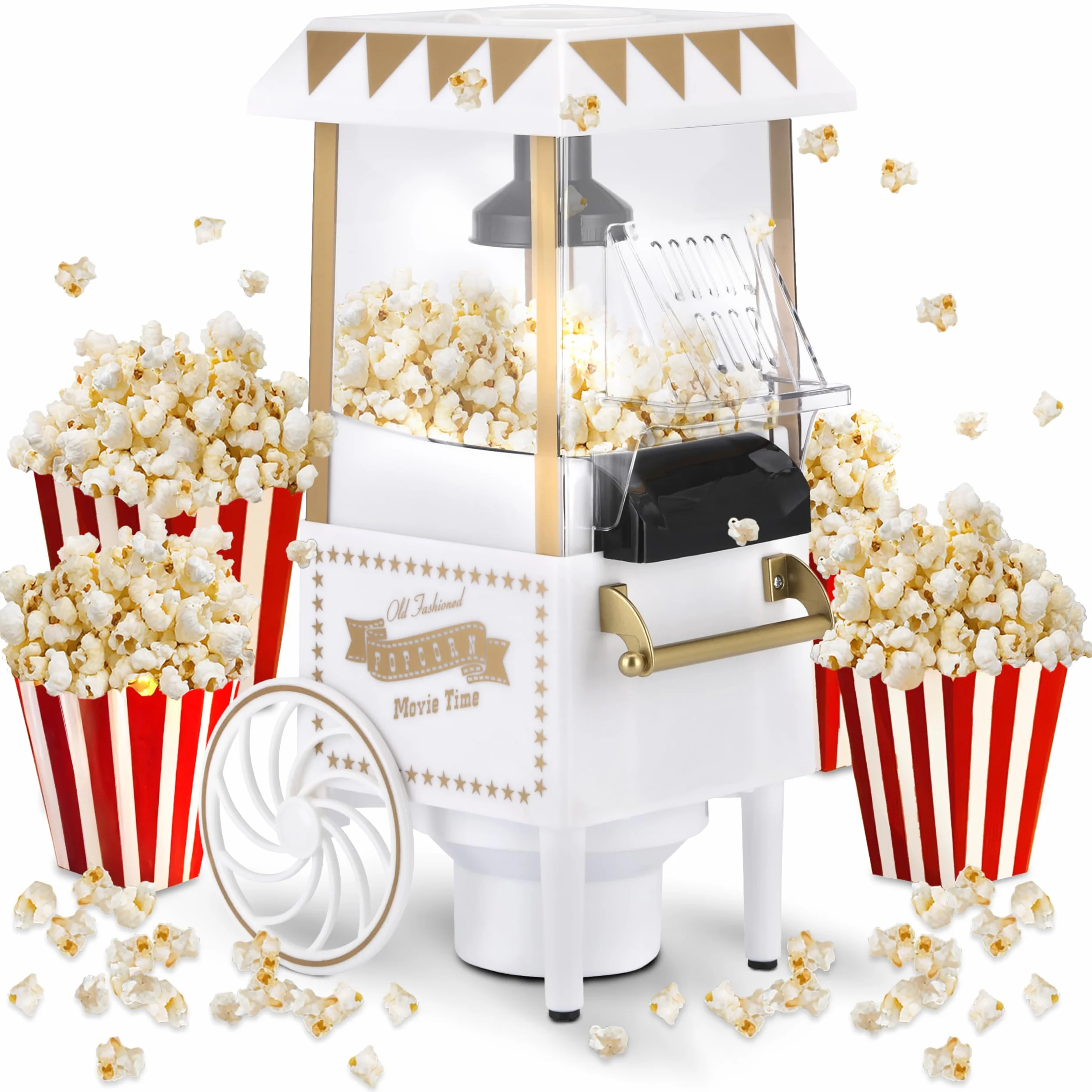 NK Retro popcorn elektryczny maszyna do popcornu 1200 W, łatwy w użyciu przycisk, gotowy do przygotowania w 2 minuty, gorące powietrze, rozmiar 0,3 l, przenośny, idealny do domu (biały)