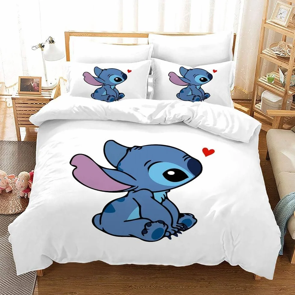 3-częściowy zestaw poszewek na kołdrę z nadrukiem Lilo i Stitch z zamkiem błyskawicznym i 2 pasujące poszewki na poduszki 50x75 | Komplet pościeli dla dziewcząt i nastolatków | Biały, 140x200