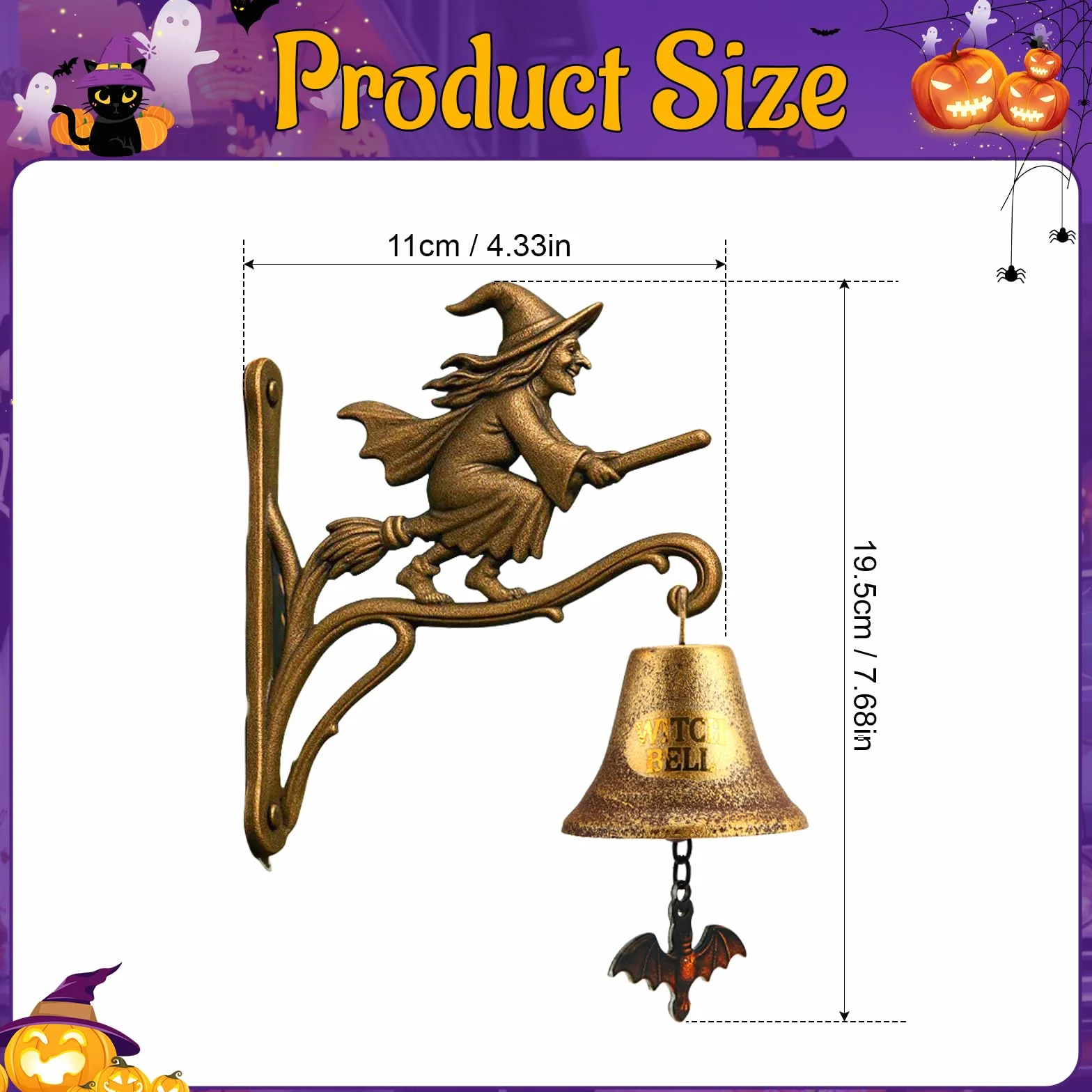 Dzwonek do drzwi na Halloween, w stylu vintage, dzwonek czarownicy, do zawieszenia, montaż ścienny, dzwonek czarownicy, z miotłą, dekoracyjny, gotycki dzwonek ogrodowy na werandę, do ogrodu, drzwi