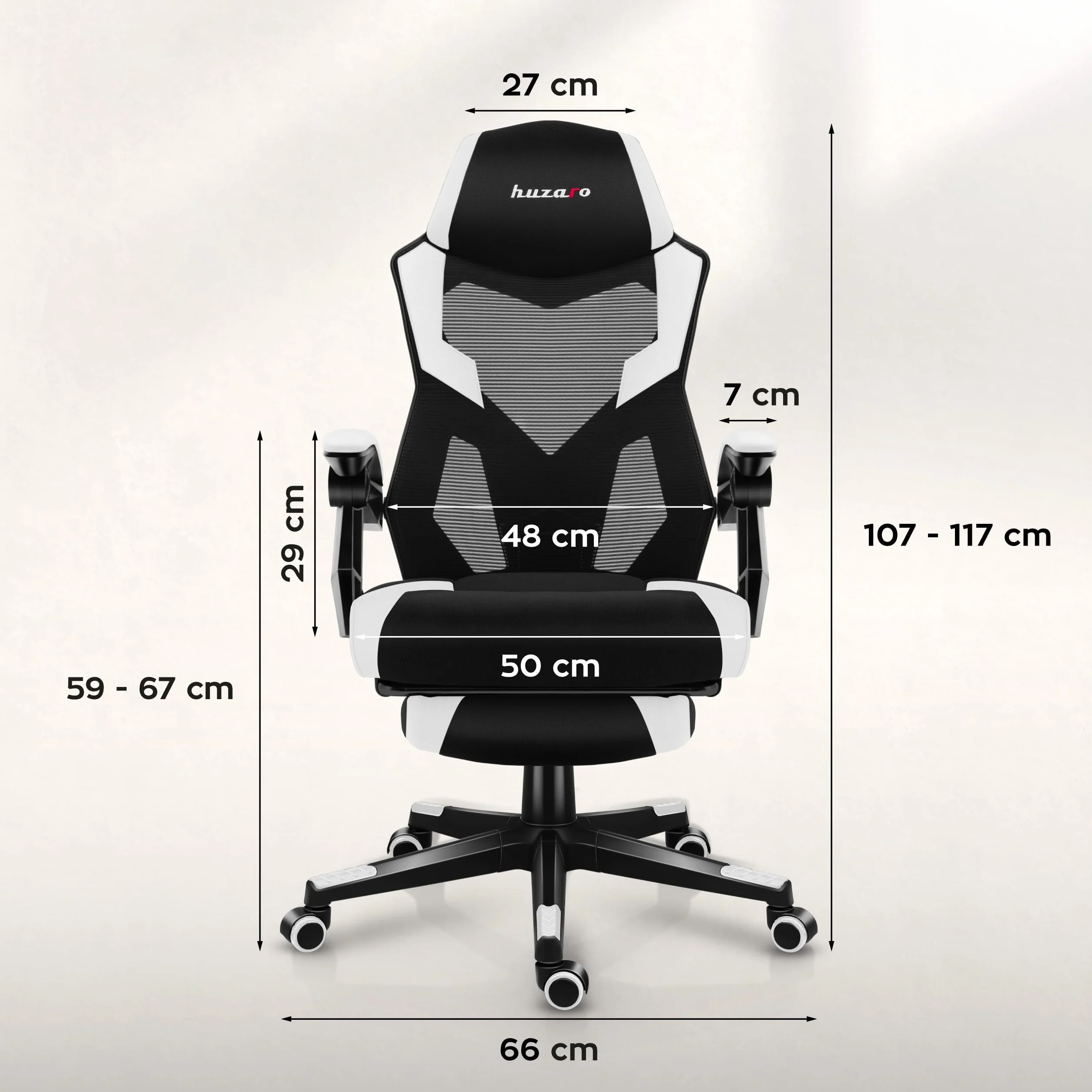 huzaro Combat 3.1 krzesło biurowe dla graczy, ergonomiczne krzesło z podnóżkiem, regulowane oparcie 135°, oddychająca siatka, obciążenie do 150 kg, ciche kółka, kolor biały