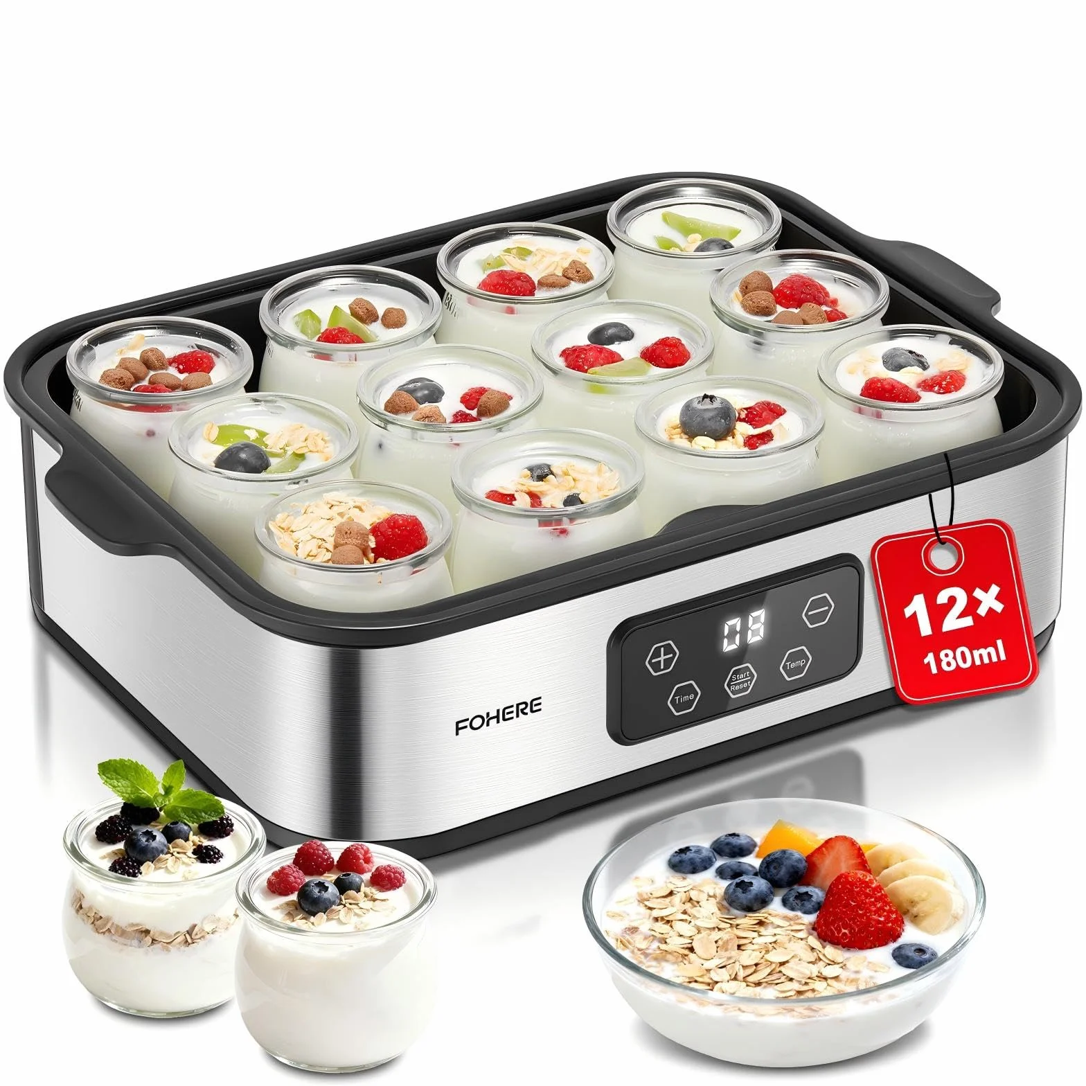 FOHERE Jogurtownica 25W Zawierająca 12 Szklanych Pojemników à 180 ml Na Aż 2,16L Domowego Jogurtu, Grecka Maszyna Do Jogurtu Z Temperaturą I Timerem, Wyświetlacz LCD, Automatyczne Wyłączanie