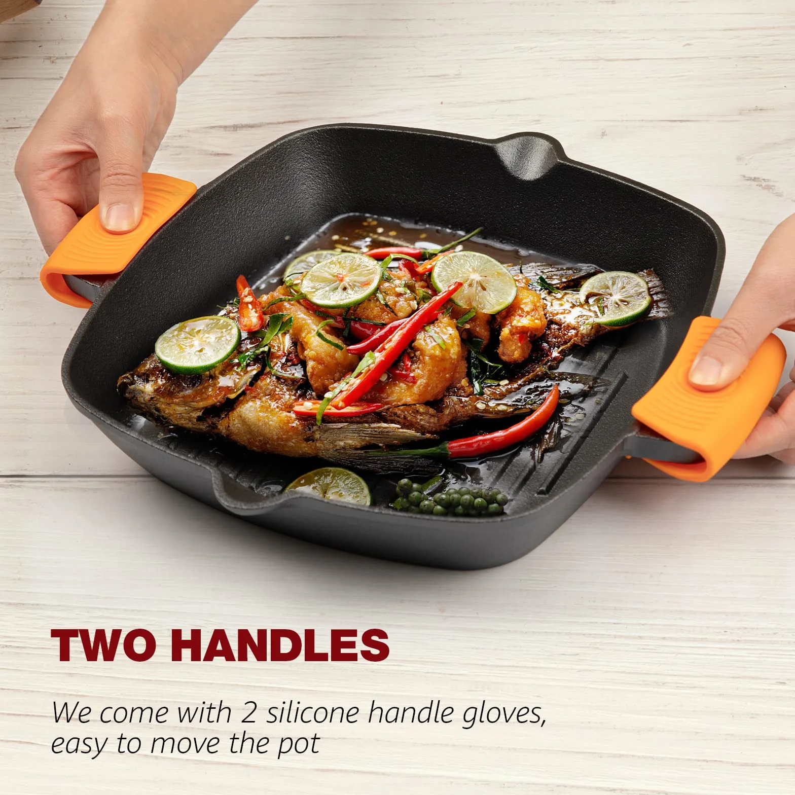 OVERMONT Patelnia grillowa żeliwna kwadratowa 26 cm z dwoma uchwytami