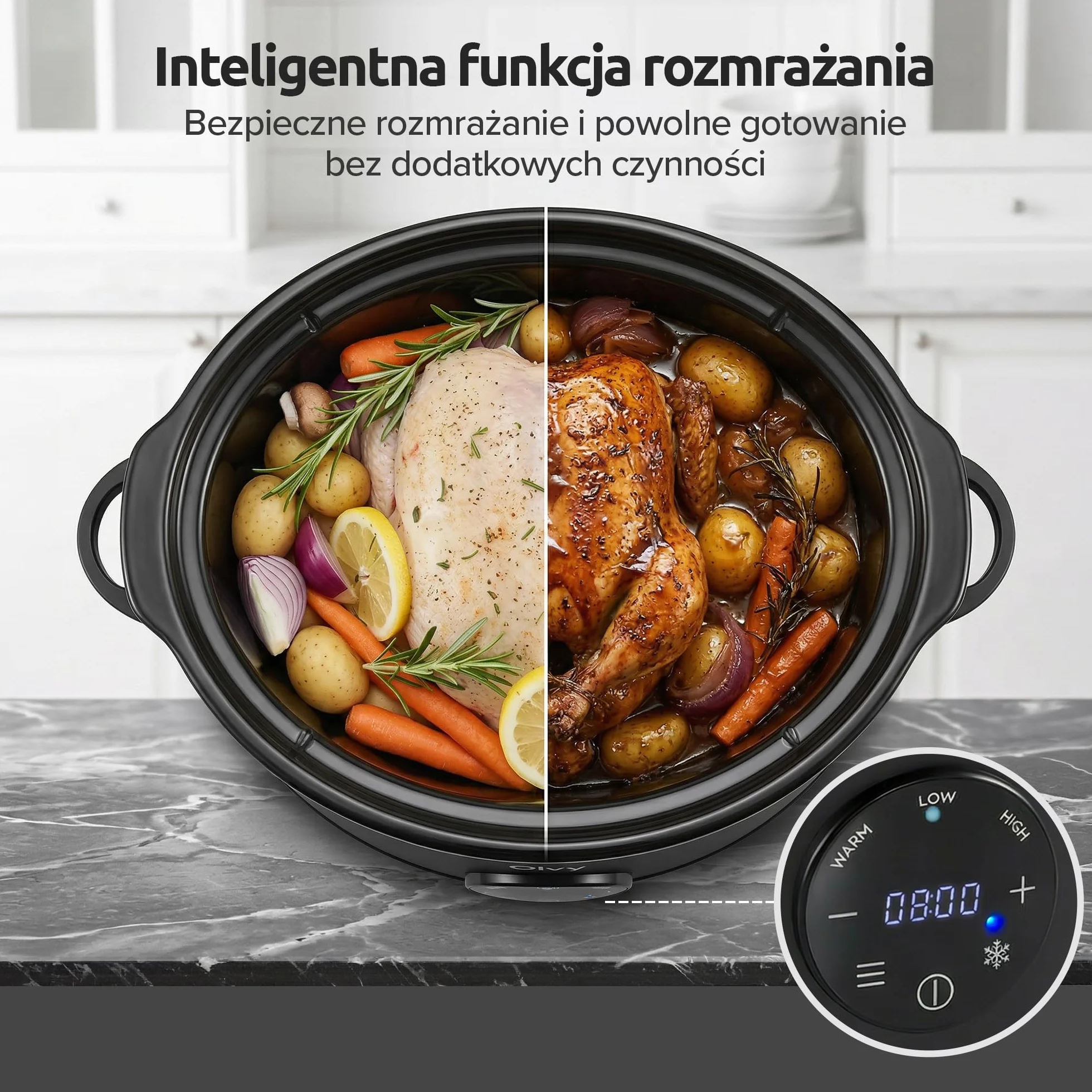 Olvy Slow Cooker 6 l Pro cyfrowy wolnowar z timerem, ekranem dotykowym, funkcja rozmrażania, 24 h, timer, 3 stopnie