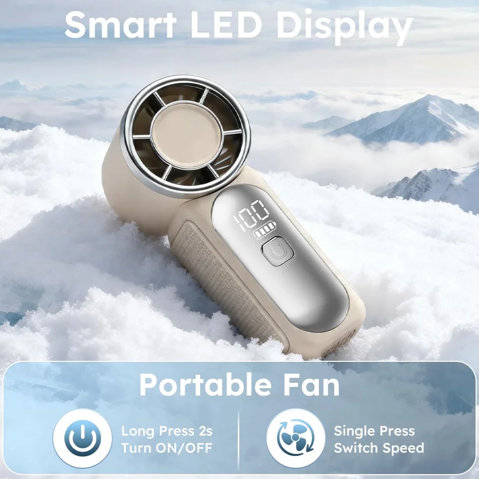 AUAUY Przenośny wentylator ręczny, USB mini wentylator z 6 poziomami prędkości, wydajny, ręczny wentylator z wyświetlaczem LED, mały, ręczny do podróży, biura, na zewnątrz, do makijażu (biały)